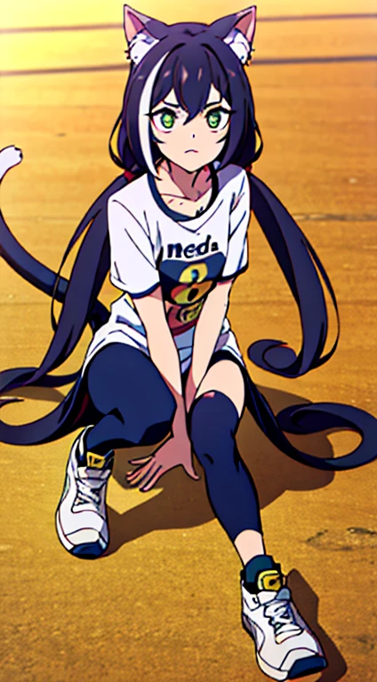 Olhos roxos,camisa preta escrita Isaque,blusa branca,orelha de gato,saia curta,Meia, sneaker,4K,8K,Fofa.
