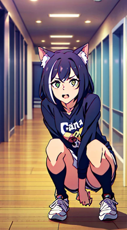 Olhos roxos,camisa preta escrita Isaque,blusa branca,orelha de gato,saia curta,Meia, sneaker,4K,8K,Fofa.