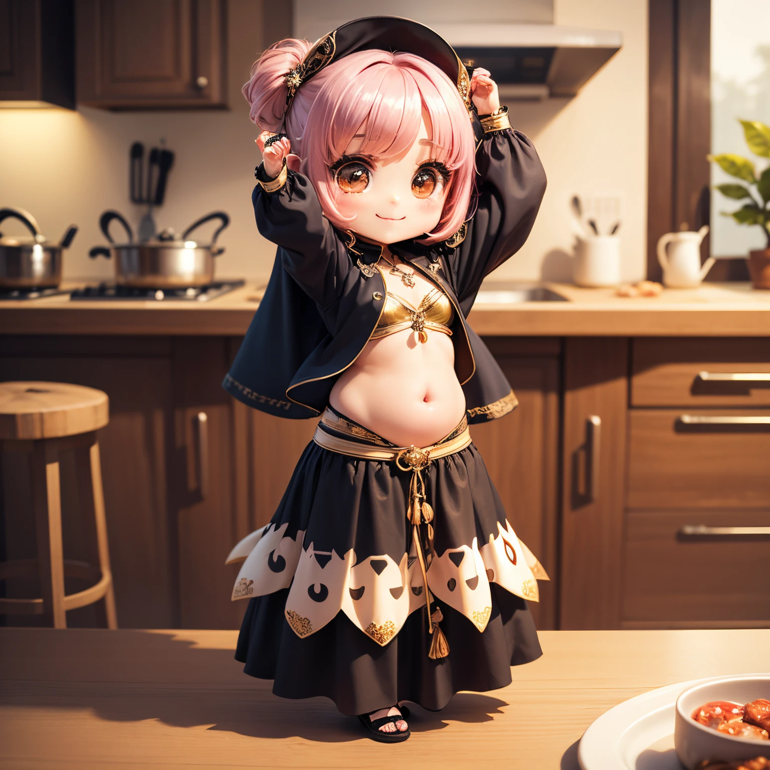 masterpiece、top-quality、ultra-detailliert、(Chibi Chara's Daughter :1.37)、Blue Bob、(Belly Dance Costumes:1.2)、Chibi Kitchen、kitchen miscellaneous goods、dish、cups、A smile、