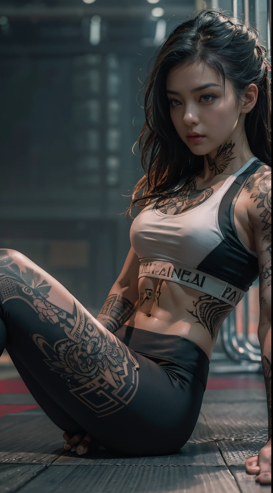 (best quality) Detailed sportswear girl, sitting on the gym floor, spread legs, wearing an intricate leggings and sports bra, highlighting the slight abs, while the chest tattoo adds a cinematic touch to the scene amidst the black tattoo, and cinematic lighting perfects the overall ambiance.
