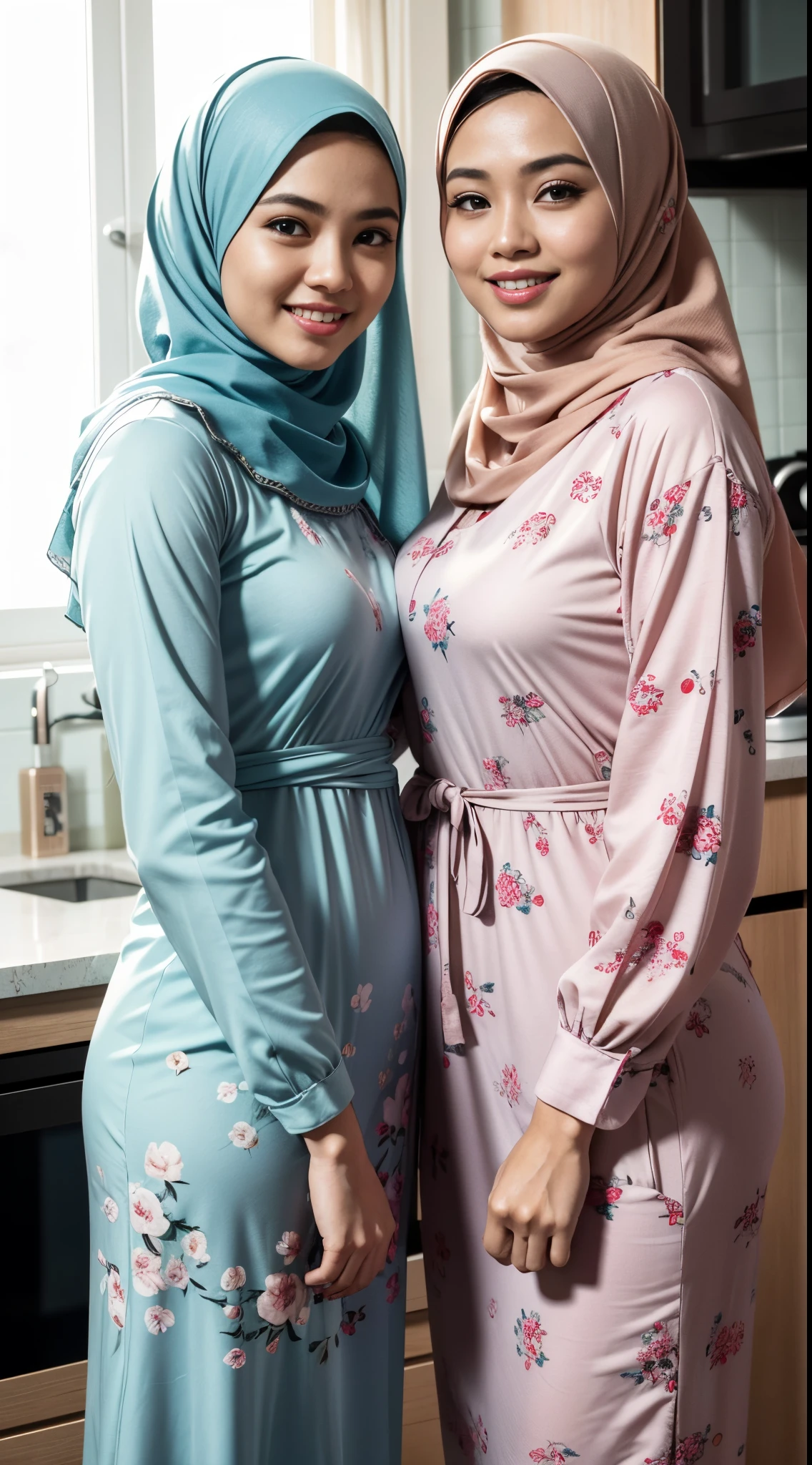 RAW, Best quality, high resolution, masterpiece: 1.3), 2 beautiful Malay woman in hijab (iu:0.8),2 beautiful malay girl in pastel color hijab taking picture in modern kitchen, wear pastel blue and white floral pattern baju kurung,big breasts,friendly and laughing situation, laughing, happy, modern pastel color kitchen, detailed skin texture, soft lighting, pastel color theme, high quality, movie shot framing, ultra detail, 8k, 8mm, Close-up shot, cool-toned color grading, depth of field, film noir, high quality, ultra detail, 8k resolution,,