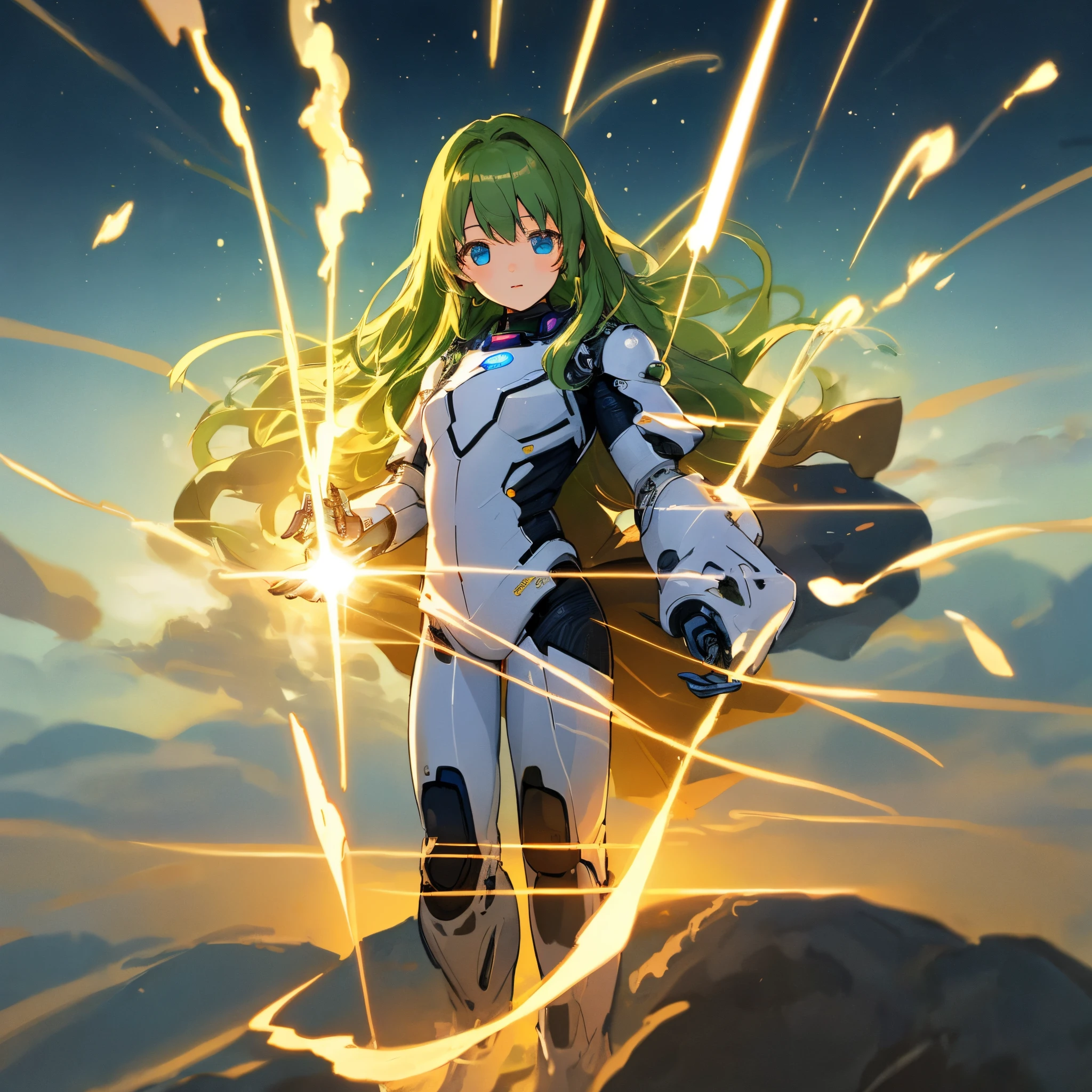top-quality、Top image quality、​masterpiece、超A high resolution、Android Beautiful Girl、sixteen years old, Glowing white cyber suit, yellow energy source in chest、green shiny hair、The long-haired,Blue Eyes、A slender、The face is depicted in detail、Eyes are drawn in detail、Clothes are depicted in detail、The background is detailed、hiquality、Beautiful Art、Fantastic Universe、Elaborate design、soio、sorcerer、animesque、illustratio、Full body front