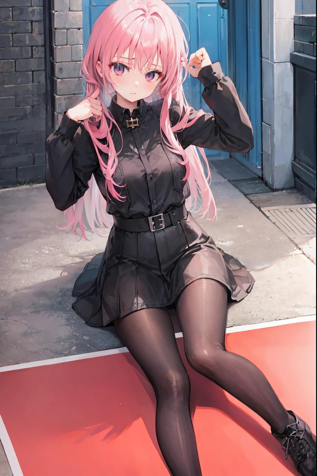 mitsukasa ayas，army suit，Manteau，black shirt，black short skirt，black pantyhoses，black military boots，mitts，A sexy pose，urban backdrop