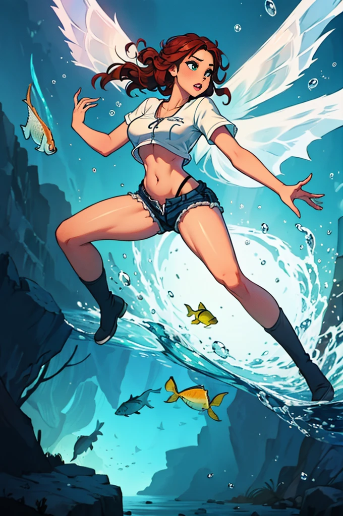 short pants, zip open, no bra, hair flying, short shirt, dynamic pose, full body ,panties,perfect hands, five perfect fingers, (((fish wings))), Powerful aquatic light on the hand,