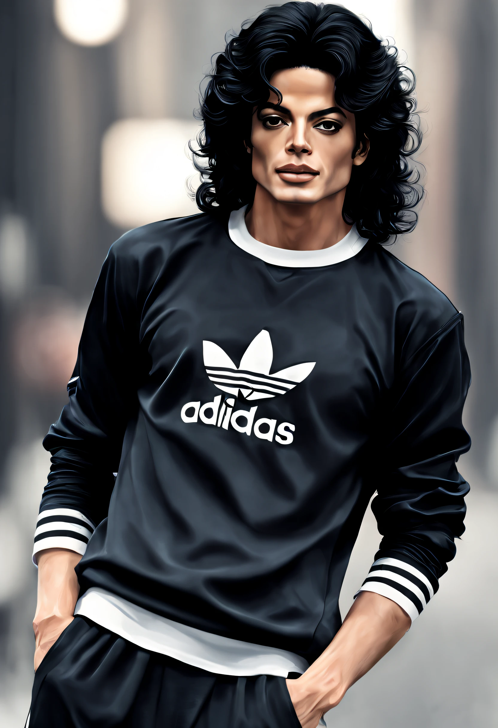 Michael Jackson, with a very beautiful face, there is no hair on his face just the skin on his face, curved eyebrows, with a hole in his chin, thin nose, half angled half oval face, long curly black hair, with the black (((Adidas))) cold weather blouse, photographic style stylized clothing, hyper realistic detalled.