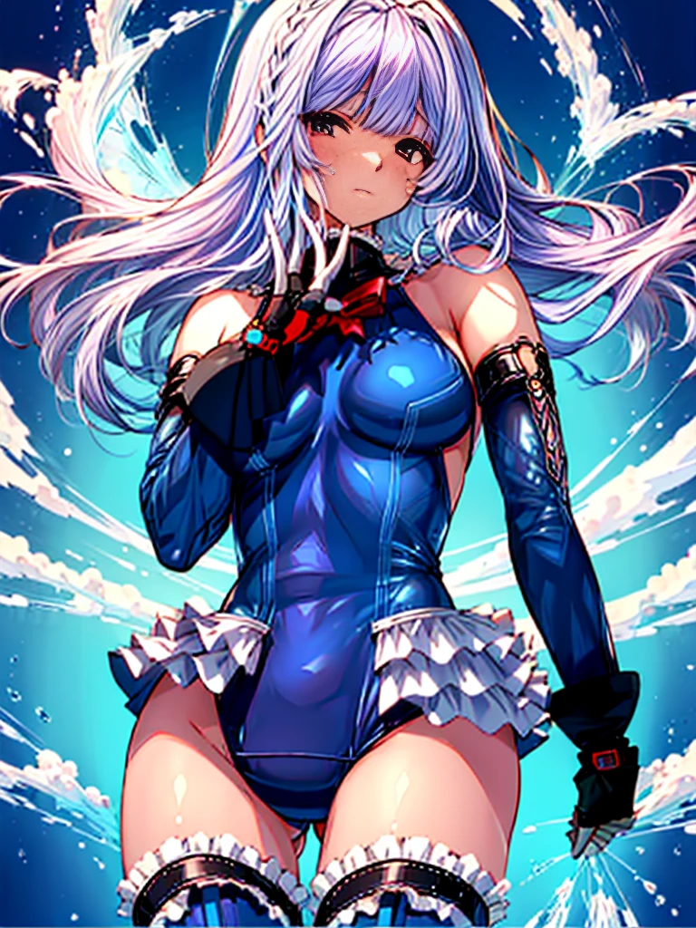 (1girl in：1.2, ( (digital) ( (Passages in the base:1.1), , (fril swimsuit, thighs thighs thighs thighs, Detached sleeves)) , Best Quality, marierose,、Hypnorola
Eyes in the sky、1girl in,Emotionless facial expressions,