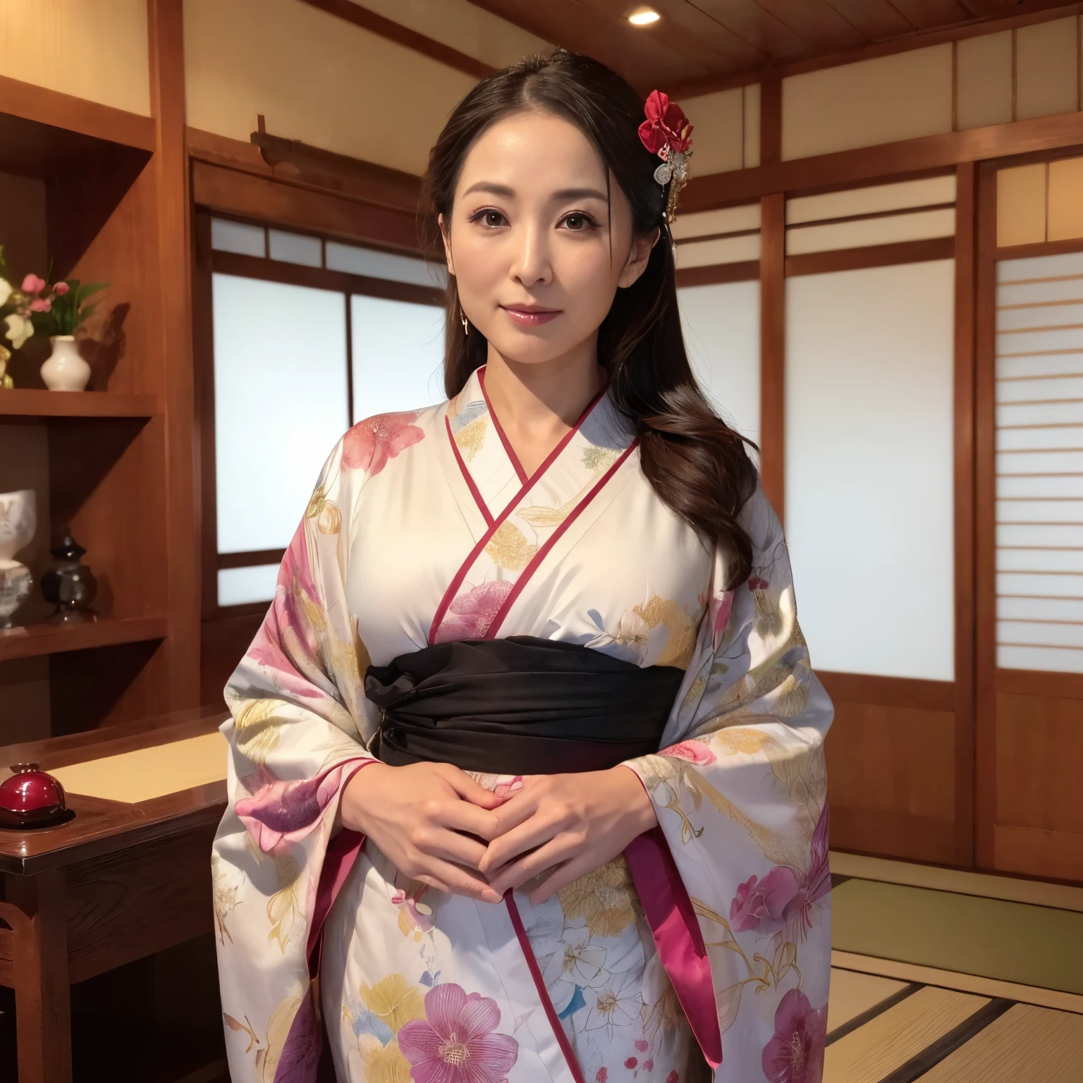 ((Best Quality, masutepiece, 超A high resolution、The most complex and detailed depictions、发光、Highly saturated、bright and highly saturated、vivid))、1人の女性、wearing a luxurious kimono、(((mournful、trance、Expressions of sexual pleasure、sad Facial expression、saddened、Looks like you're about to cry)))、(Japanese-style elegant kimono、Elegant standing figure、standing elegantly)、Elegant kimono、Photographing from the waist up、((Staring at me、Perfect camera gaze、look at me perfectly))、A detailed face、perfect glossy lips、perfect anatomia、Elegantly styled hair、She is wearing an elegant hairpin.、natural make up、A detailed face、face perfect、Beautiful fair skin、perfect shiny skin and hair、The background is an elegant Japanese room、Lush hairline、large full breasts、Fluffy kimono、The chest is open、No bra