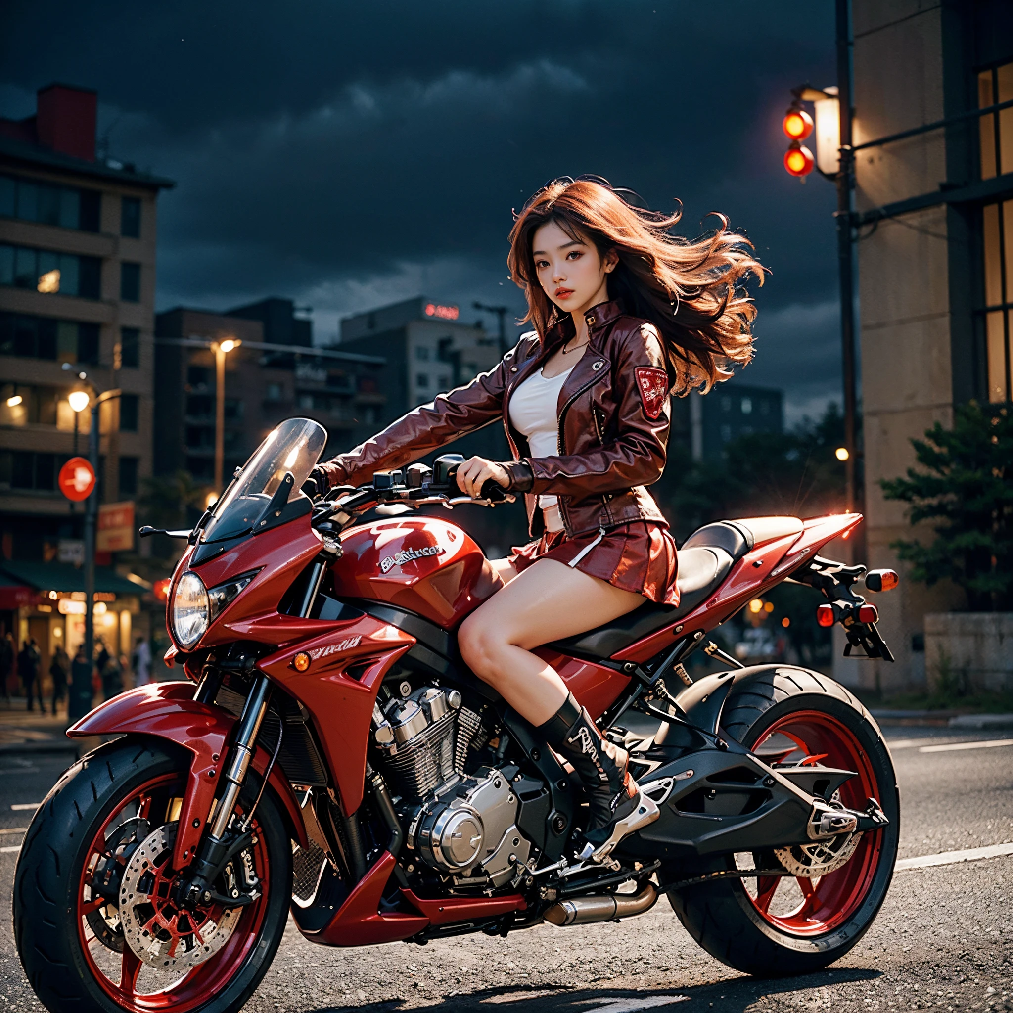 hight resolution、high-level image quality、in 8K、Real live-action、Raw photography、top-quality、​masterpiece、masutepiece、(Soft Saturation:1)、(depth of fields:1.2)、(Ray traching:1.2)、landscapes、natta、optic、The background is a sci-fi style night view、heavy wind、Big red motorcycle speeding through the city at night、Young woman in red dress sitting on a big red motorcycle, Beautiful face、(Red Skin Jacket:1.2)、(Red short skirt:1.3)、white knee highs、Black boots、Grab the controller、Ride a giant motorcycle, motor cycle, Motorcycles, motorbiker, riding on motorcycle, picture of a female biker, motorbike,Motorcycle displacement: 1300CC、quick, photographed, up close shot,motion-blur、