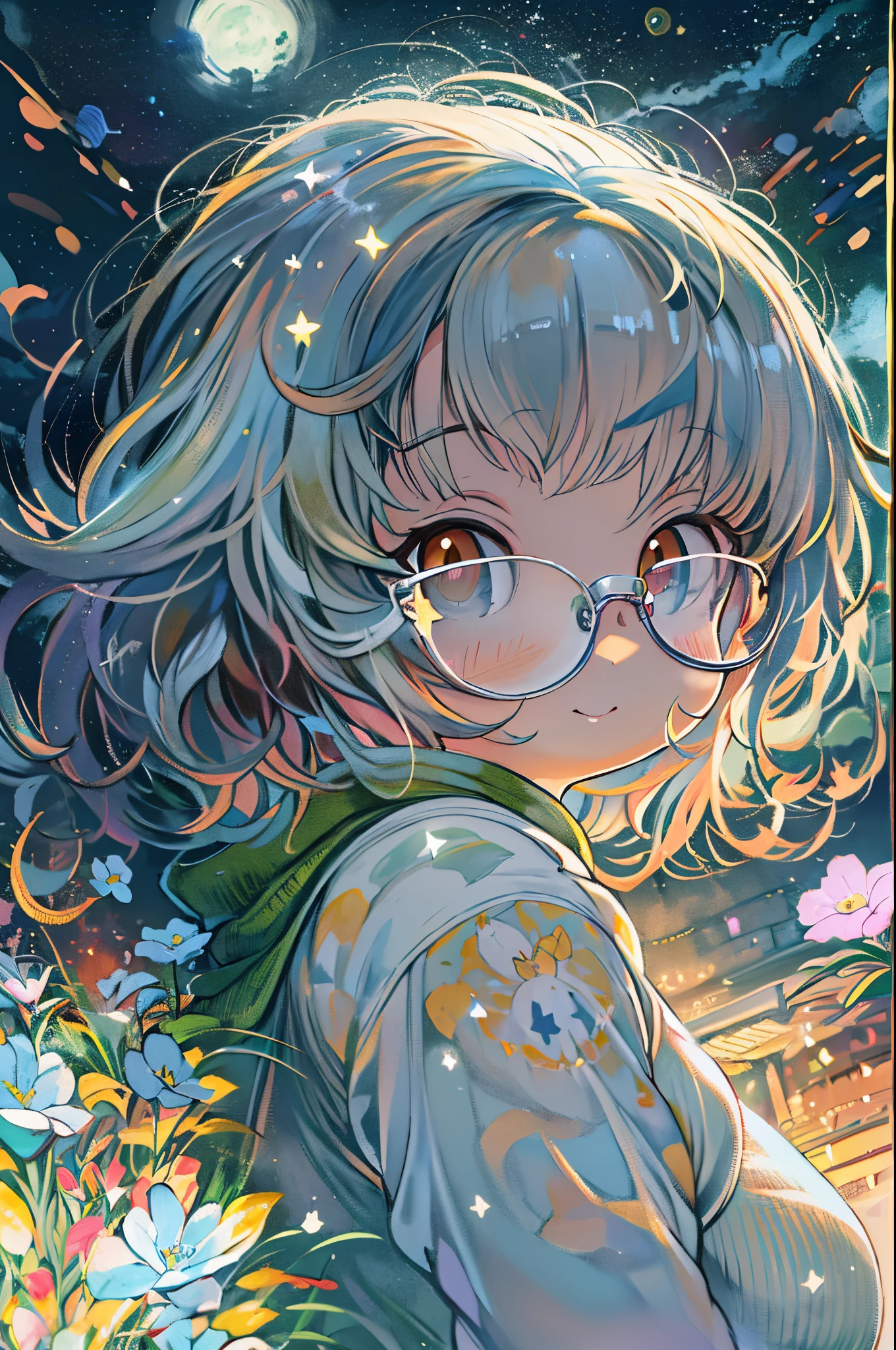 up close shot, Anime girl wearing white glass , Stand on the land,Night view ,Lots of stars in the night sky,milkyway ,Colorful flowers,Close-up of a headshot, Oil painting style, Very obvious oil painting strokes, impressionist palette style, 32K UHD, Beautiful, booru, old time, Color Cartoon - AR 3:4 --