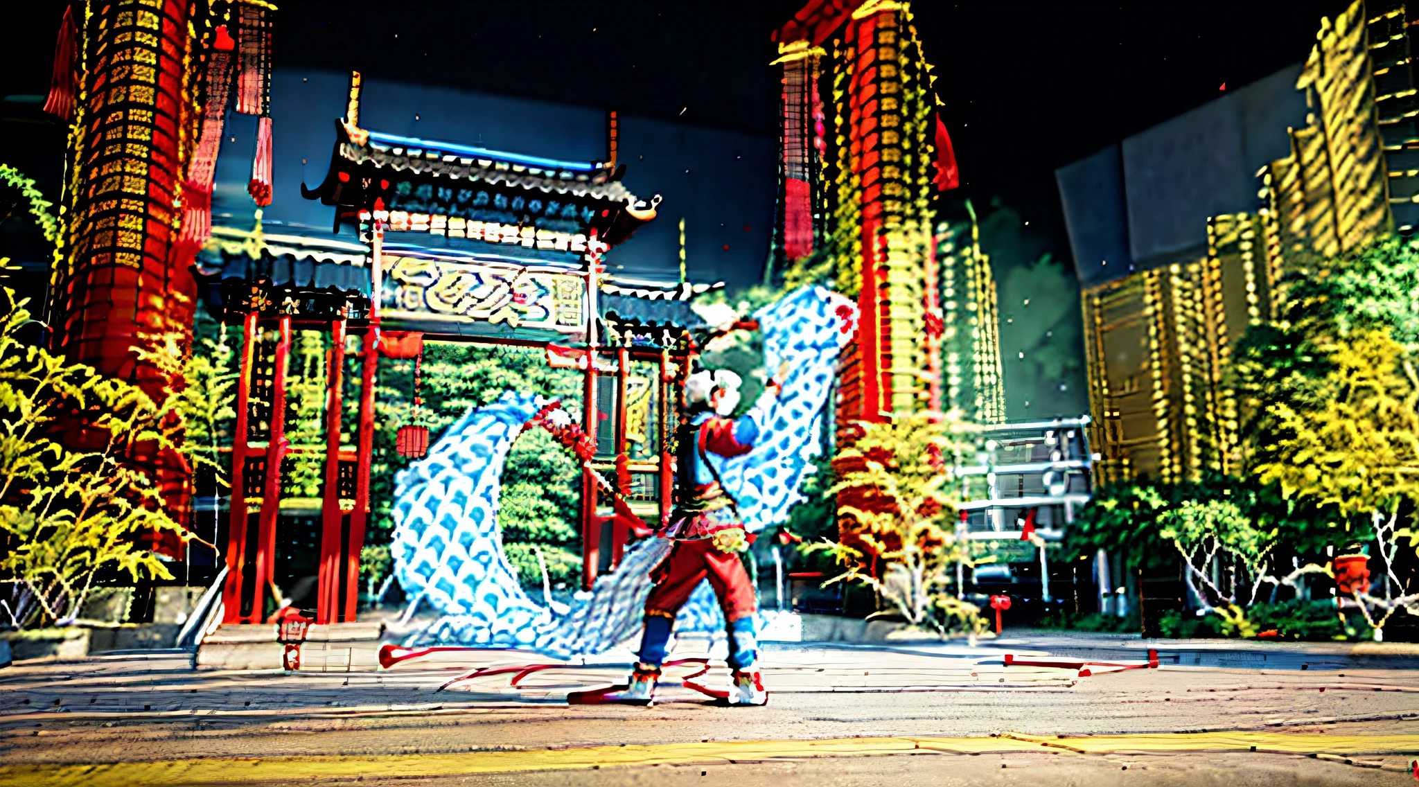 There is a person standing at the red archway, chinese ribbon dance, china silk 3d dragon, chinese artist, inspired by Guan Daosheng, Inspired by Lu Guang, Celebrating Chinese New Year in Shanghai, Inspired by Cao Buxing, chineseidol, Inspired by Huang Ding, in the style of sifu 🔥 😎 🕹️ 👀 :2