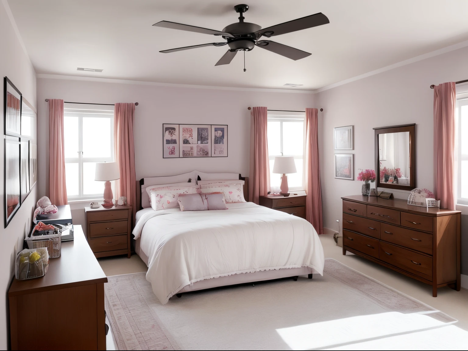 A fan's room, with a poster of her idol pasted on the wall, above the bed. Spacious environment, light walls, dresser, window, fabric curtains and ceiling fan. (realistic, high quality, 8k)