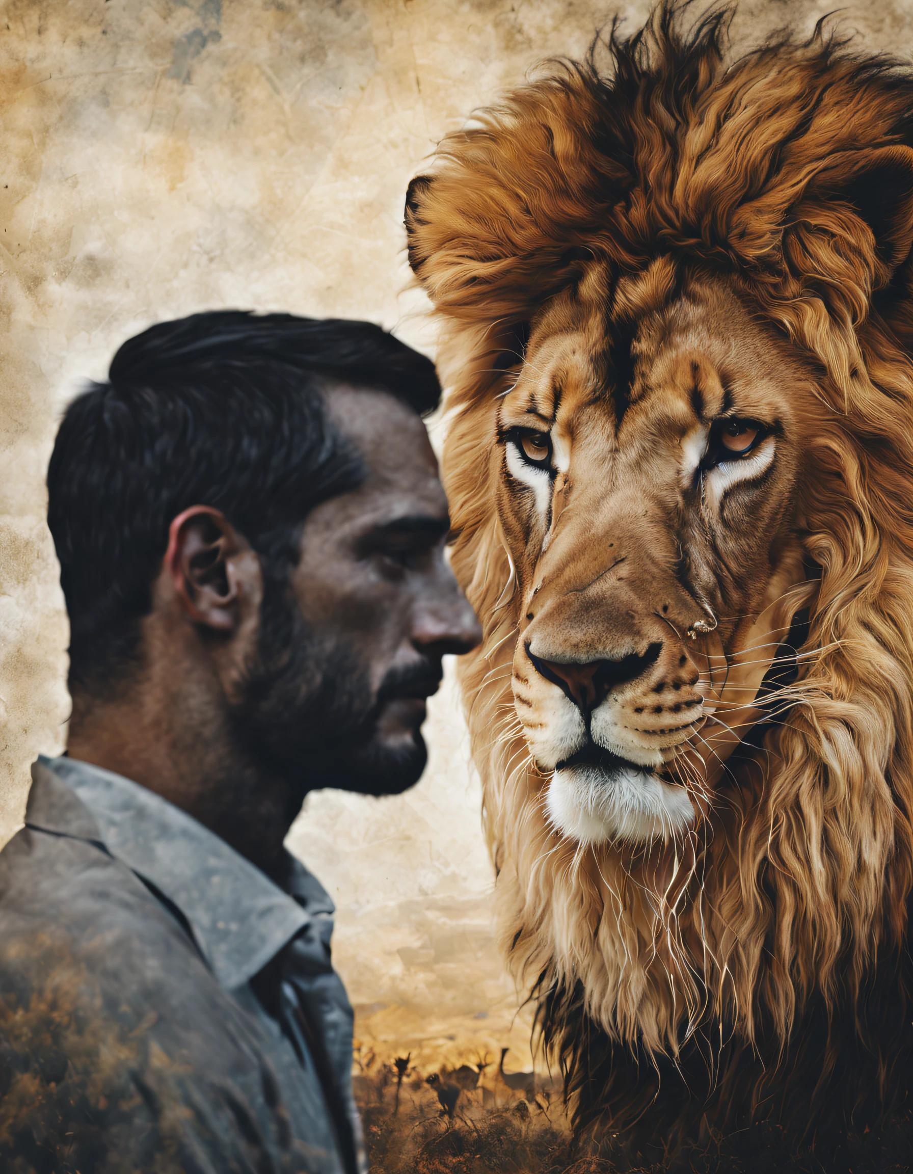 (Side view of a man and lion),double exposure