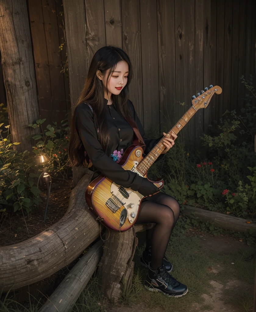 Image of picturesque park scene in bikini transparent,A radiant young woman sits on a cozy picnic blanket,Play the electric guitar skillfully。Around her,A row of brightly colored flowers bloom,Dotted with the earth,Extremely colorful。Delicate butterflies dance gracefully overhead,forming a whimsical dance around her。and the sun was shining brightly,There was a warm glow on her face,Illuminates the entire park。capture a girl'Calm atmosphere and pure joy,Because she is immersed in music,Nature and simple pleasures on sunny days,Dark red messy long hair((2.0)),Her hair was scattered in the air,cute blue eyes((1.5)),Seductive red lips((1.2)), Surrealist digital artwork,Super detailed hands and fingers,Staring at the electric guitar,ssmile,Super focus medium angel lens,Very detailed electric guitar,glowing light,Volumetric light and holographic light effects,Colorful butterflies dance around her,beautiful flowers