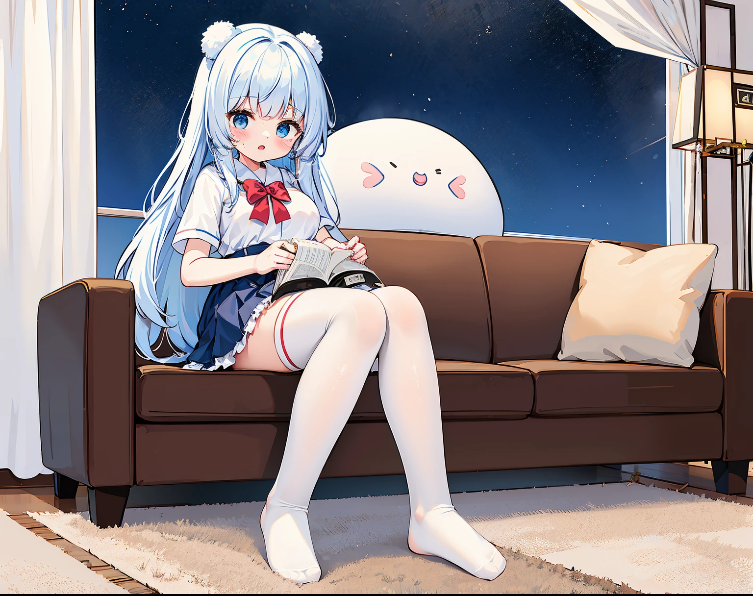 tmasterpiece, Best quality, The content is very detailed,tmasterpiece,Best quality,offcial art,extremely detaild的 CG unified 8k wallpapers，1个Giant Breast Girl，16 yaers old，{White stockings}，shyexpression，A girl takes off her shoes at home，Socks that emit steam，Steam collar