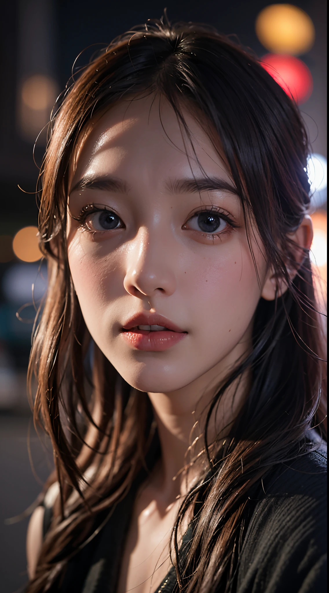 1girl, Tokyo street,night, cityscape,city lights, upper body,close-up, 8k, RAW photo, best quality, masterpiece,realistic, photo-realistic,