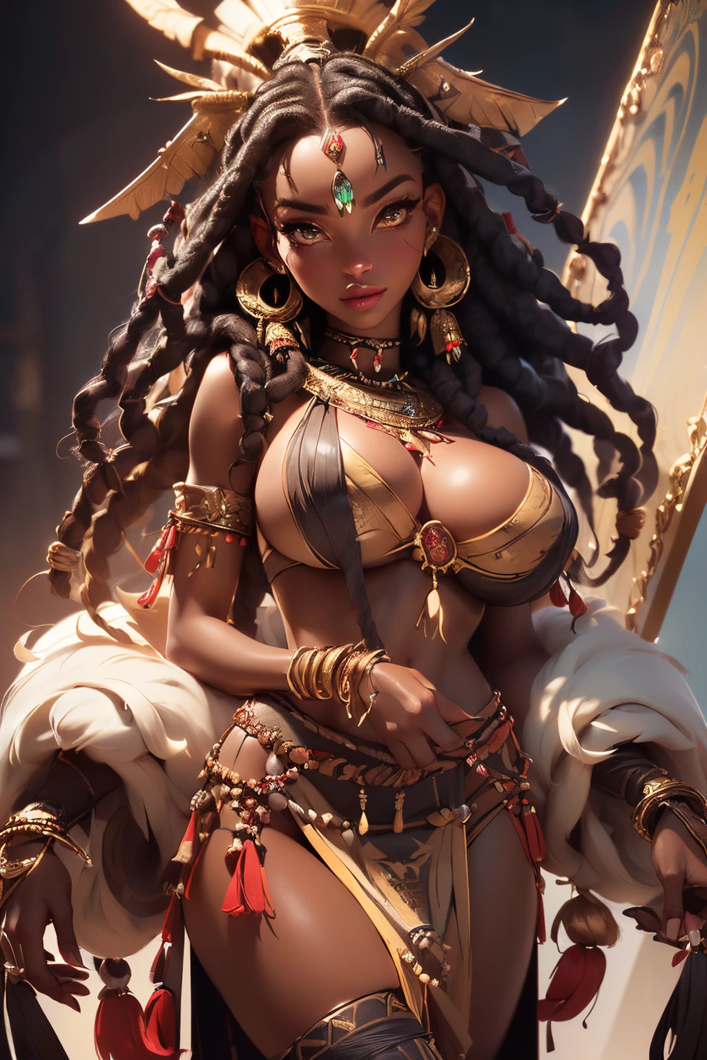 ((sexy tall african supermodel)) ((beautiful face)) (red lipstick) ((big bright eyes)) ((black curly dreadlocks hair with bangs)) ((ebony skin)) ((very huge breast:1.4)) (perfect body:1.3) ((wears fantasy shaman tribal fur loincloth with ornament bones and claws))(()) ((choker,, earrings)) ((wield tribal spear))((sexy supermodel posing inside photo studio for epic camera photoshoot, fantasy mystical decoration light of reflector over her))(high resolution, dynamic shadows)((photorealistic:1.5)) ((masterpiece:1.3)) (8k) (perfect face) (best quality) (perfect hands and eyes)