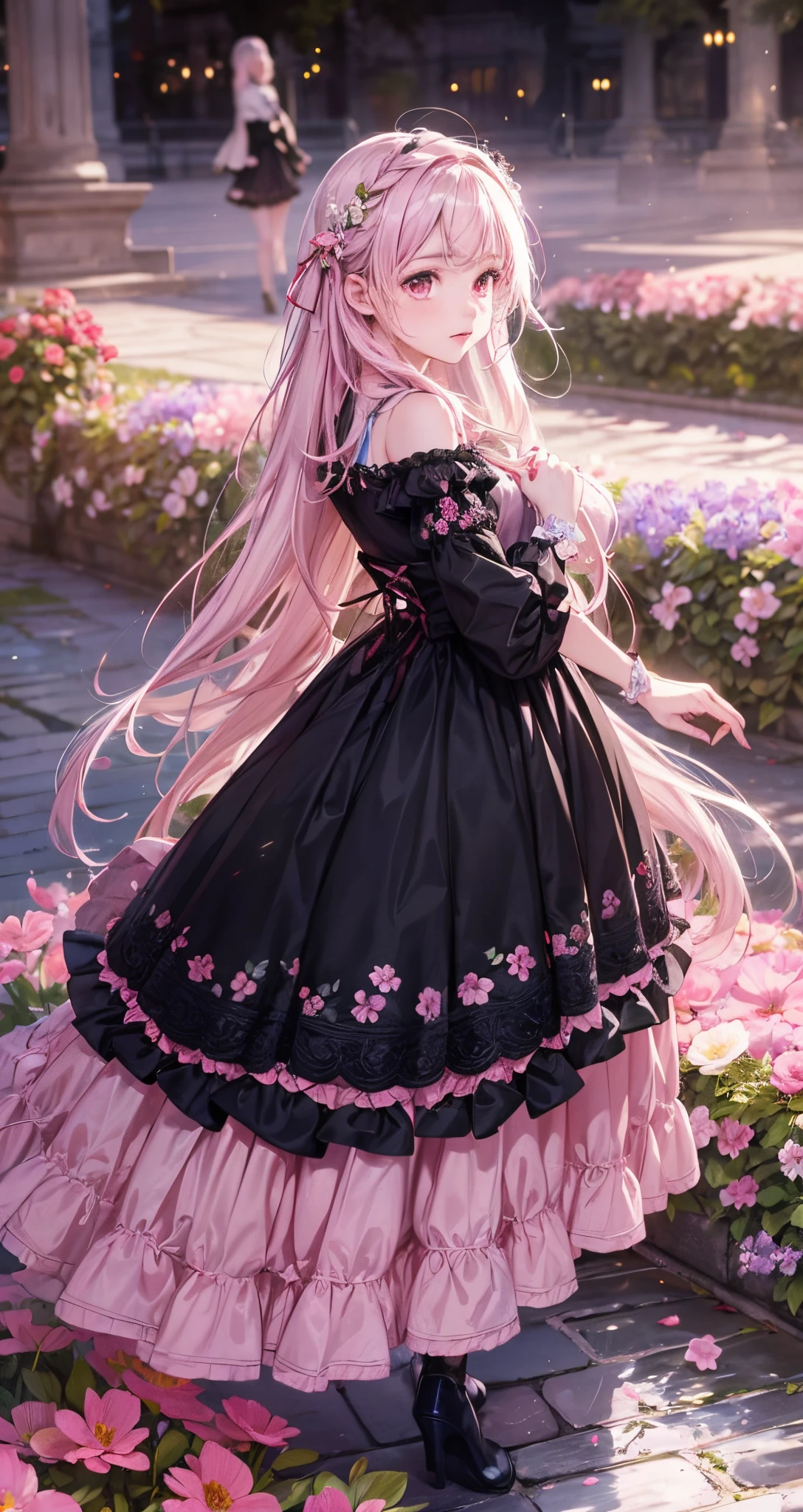 exquisitedetails, Highest quality 8K resolution, Ultra-detailed, Realistic, Vibrant colors, Soft tones, With warm and gentle lighting, (Beautiful Gothic Black Dress, Pretty Pink Ribbon, Beautiful frills:1.2),(Smooth straight pink hair:1.2),(Hair parted in the middle:1.2),(Glowing hair),(Pink eyes:1.3),Garden Girl,With an overflowing soft and gentle feeling,Visible emotions and specific emotions,(The promenade is full of flowers:1.3), Create colorful reflections.The sun's rays illuminate joy and pure love,The atmosphere is full of happiness and laughter,Combination of digital illustration and photography,Ultra-detailed depiction and vivid colors,A style that combines romanticism and realism.The color palette consists of soft pastel tones., Create an ethereal atmosphere like a dream,light is diffused,