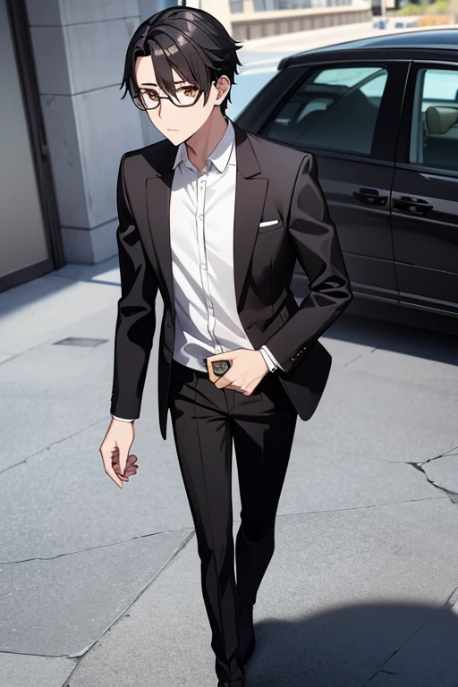 young male, black hair, gold eyes, glasses, black jacket, white dress shirt, black pants, grey shoes