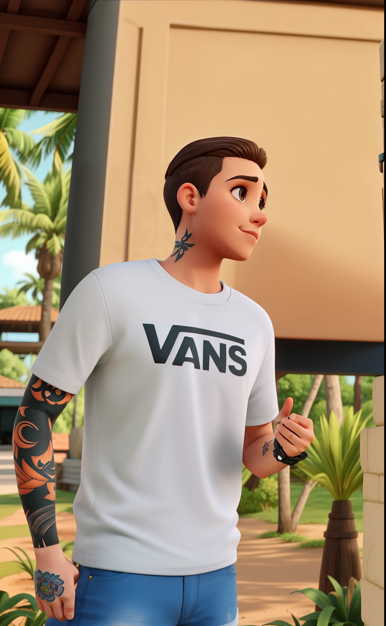 Um rapaz magro, short haired brunette with tattoo on arm, camiseta branca da vanz puxando um drone com um barbante e atras dele um campo de futebol