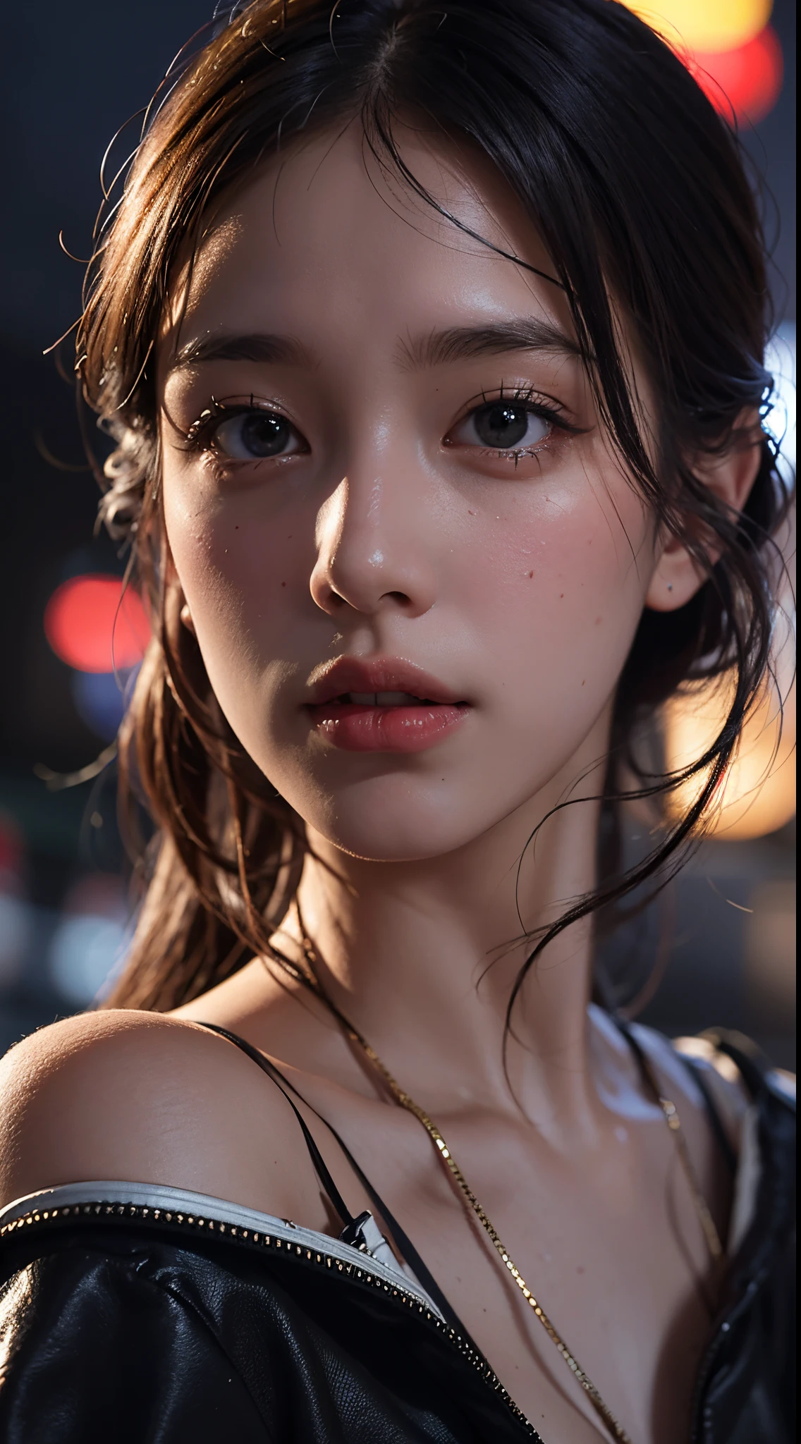1girl, Tokyo street,night, cityscape,city lights, upper body,close-up, 8k, RAW photo, best quality, masterpiece,realistic, photo-realistic,