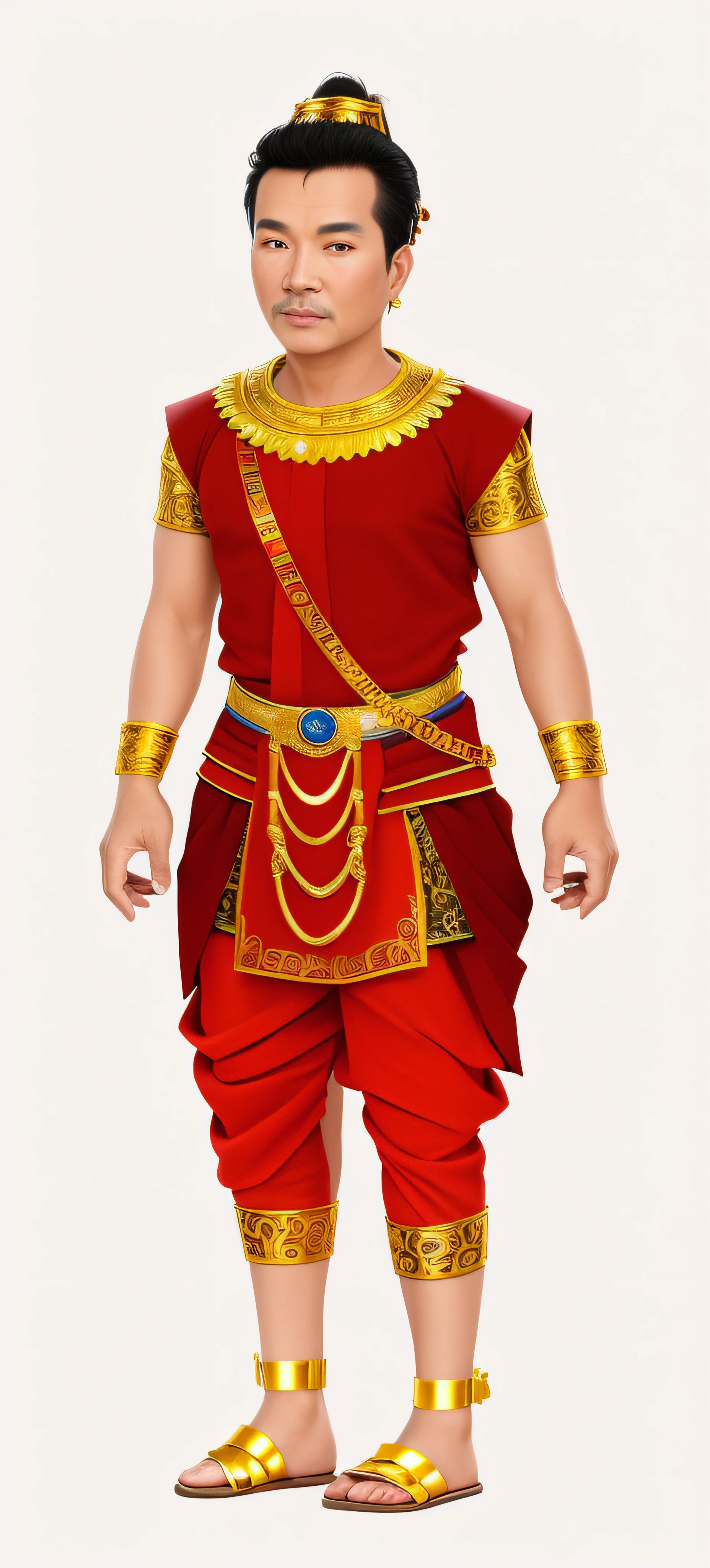 8K Ultra HD, highly detailed, super realistic, painting of a man in a Khmer red outfit with a gold belt, costume design, ancient old rich Khmer man, dressed in Khmer clothes, beautiful image