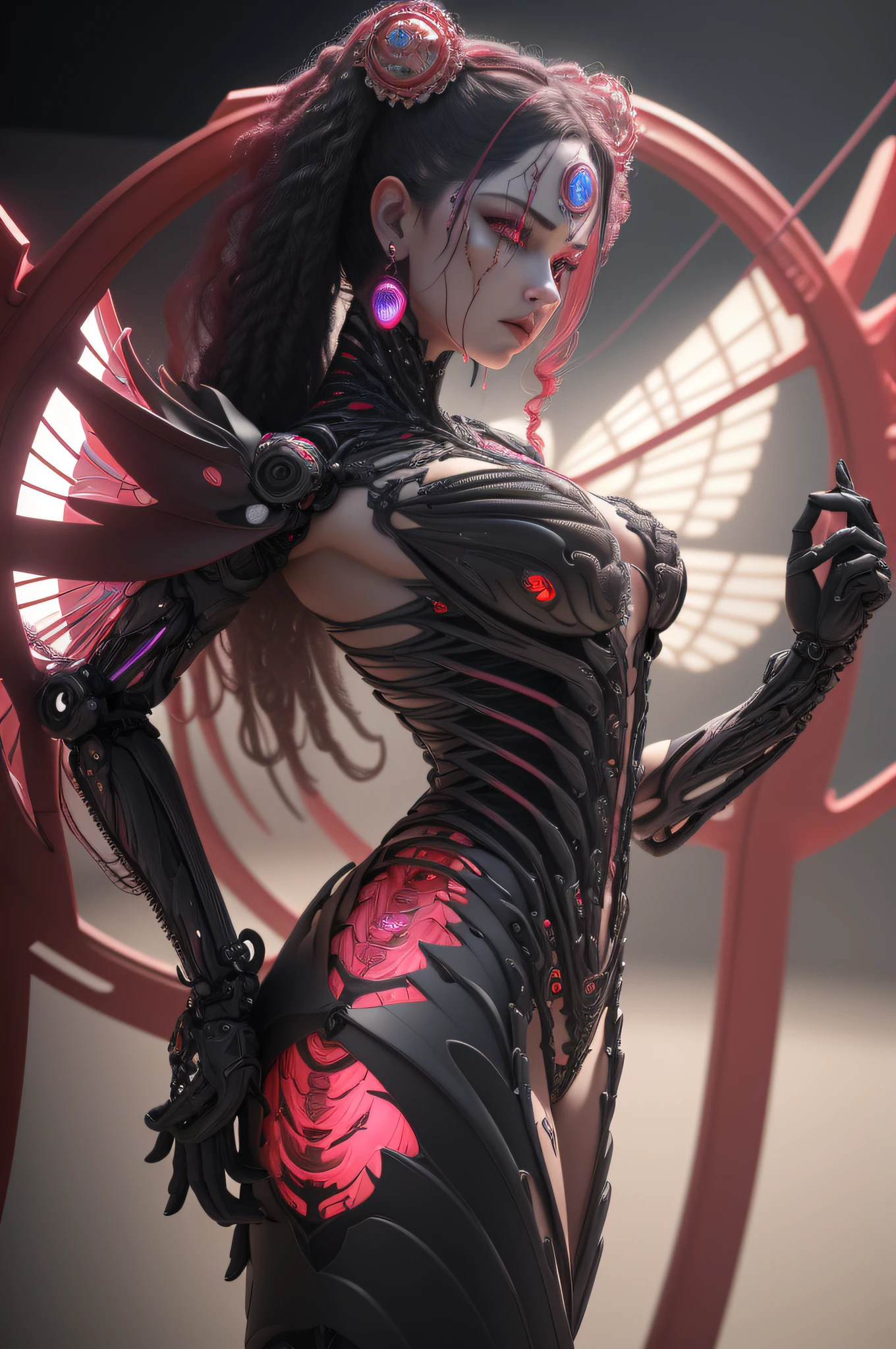 Complex 3d Rendering Ultra Details Beautiful Death Angel, Biomechanical Cyborg, Analog 150mm Lens, Beautiful Natural Soft Rim Light, Neon Vain, Roots, Fine Leaf Lace, Colorful Details, Boris Bidjan Saberi Costume, Pearl Earrings, Art Nouveau Fashion Embroidery, Intricate Details, Mesh Wire, Mandelbrot Fractal, Facial Expression Muscles, Cable Wire, Microchip, Badass, Hyperrealistic, Ultra High Definition, Octane Rendering, Volumetric Lighting, 8K Post-Production, Red and White with a Little Black, Elaborate Metallic Bones, Semi-Human, Iridescent, Glenn Brown Style Futuristic Room, Power of God, High Angle Shot , complex body poses