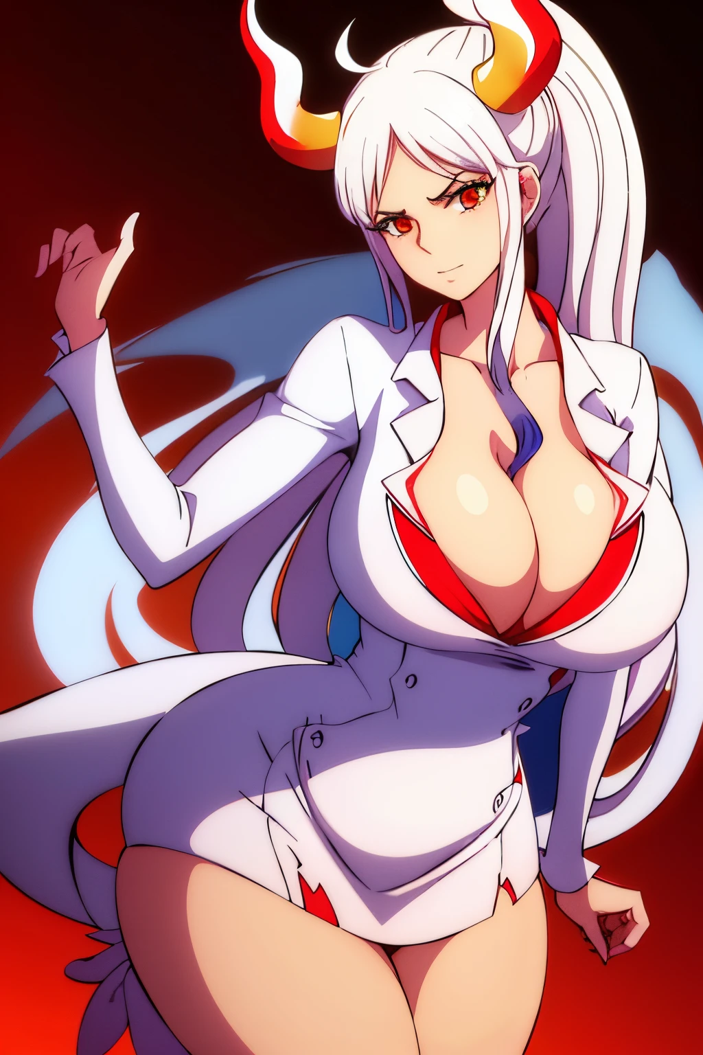 (long white ponytail hair), (dragon horns), (flight attendant), airplane, (huge juicy breasts:1.2), (cleavage), (flight attendant dress:1.2), milf, busty, slim stomach, wide hips, beautiful face, professional lighting, glistening skin, high quality, (seductive pose:1.2)