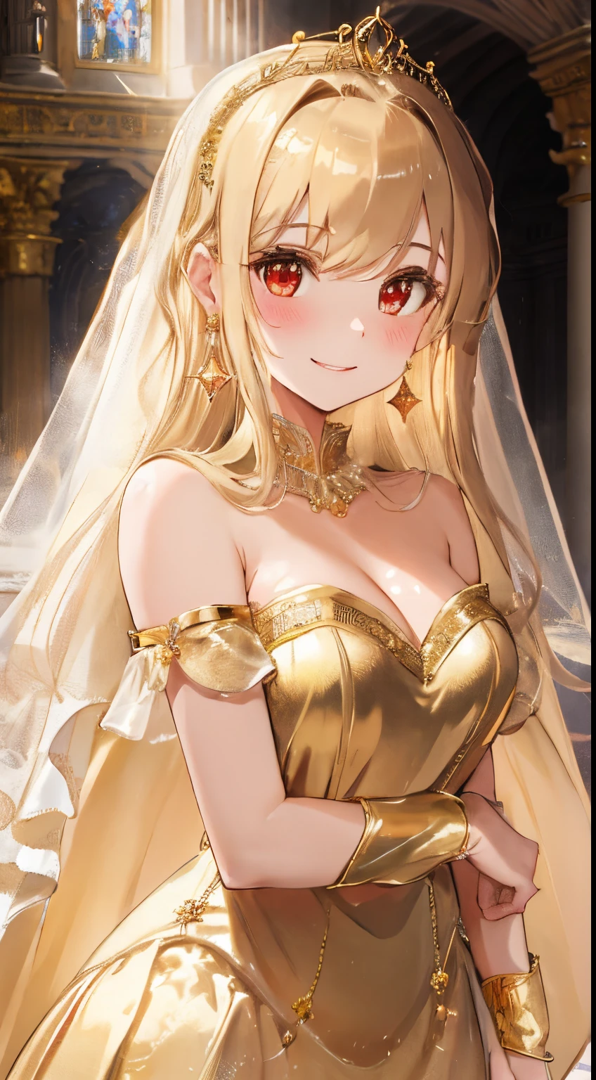 luxurious western court,Majestic atmosphere, tome'looks like a chapel, Girls,fluffy hair,golden tiara shining in gold,A veil shining in golden light,A fluffy and voluminous dress with luxurious decorations,The hem of my dress drags so much that it touches the ground...,Dainty girl,Increase your height and improve your posture,diamond and gold accessories,Large ring earrings,kindly smile,Slight red tide,Standing