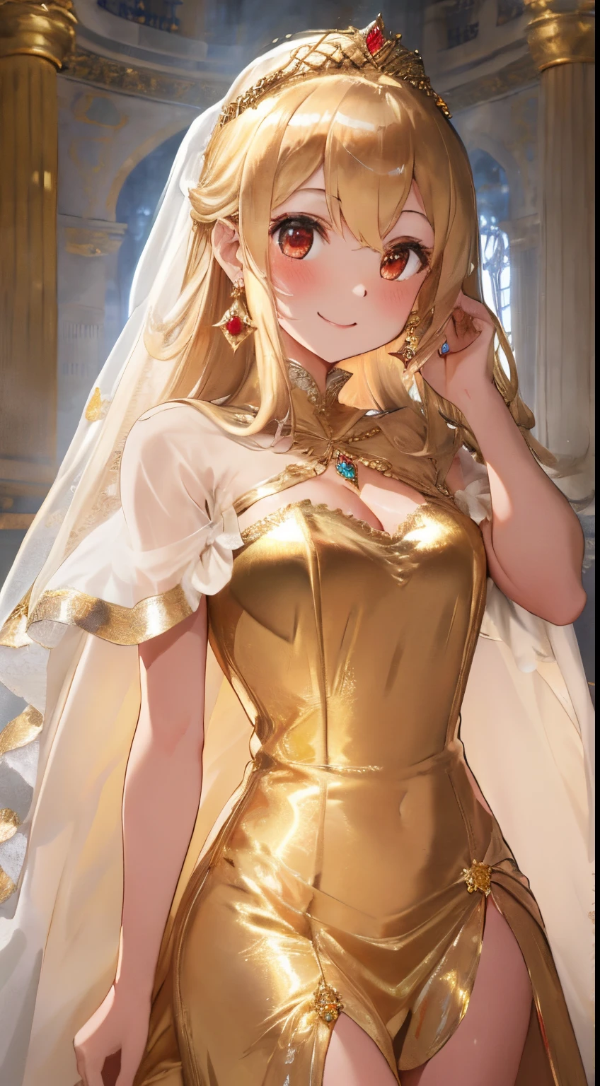 luxurious western court,Majestic atmosphere, tome'looks like a chapel, Girls,fluffy hair,golden tiara shining in gold,A veil shining in golden light,A fluffy and voluminous dress with luxurious decorations,The hem of my dress drags so much that it touches the ground...,Dainty girl,Increase your height and improve your posture,diamond and gold accessories,Large ring earrings,kindly smile,Slight red tide,Standing