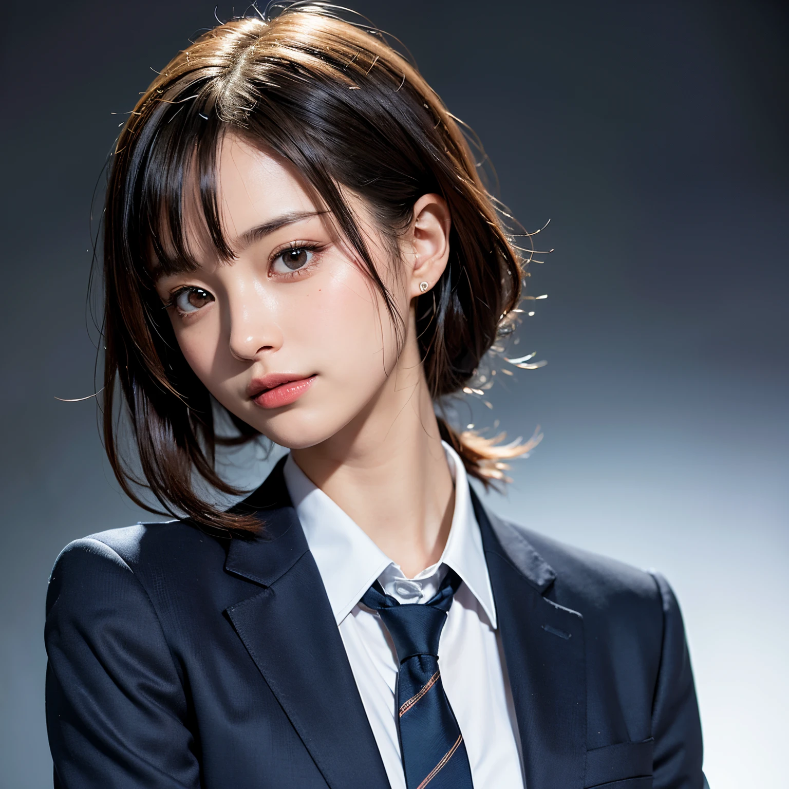 (masutepiece, Best Quality:1.2), 8K, Official art, Full body photo, full body Esbian、Fashionable background、luxurious backdrop、Emma fastening her tie.trouser、Cute smile、cute butt、Suits、A dark-haired、14years、small tits、A delightful、A smile、unbelievable Ridiculous, (Upper body, Dark blue suit:Cute Tie 1.4), Beautiful Girl, Pretty Face, arching back down, cute butt、Gold hair ornament on hair、Wearing a cute suit、close up, Wearing a suit, Short sleeve, gardenia, violaceaess, Teen,, Looking at Viewer, Film grain, chromatic abberation, Sharp Focus, face lights, Dynamic lighting, Cinematic lighting, Eyes and faces with detailed, Bokeh background, (Tie with Emma written on it、1 copy:1.2)