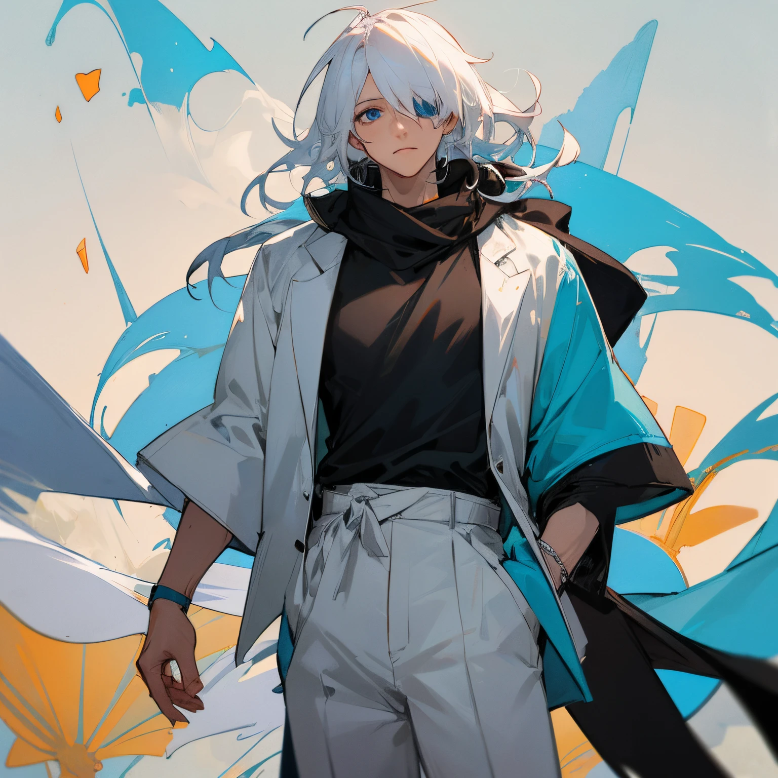 Messy white hair , vibrant blue eyes , wearing a black shirt and white haori over it , black scarf , white baggy pants , layered clothing , eyepatch on one eye , sunny background , standing infront of a temple , 1male , old male , age wrinkles