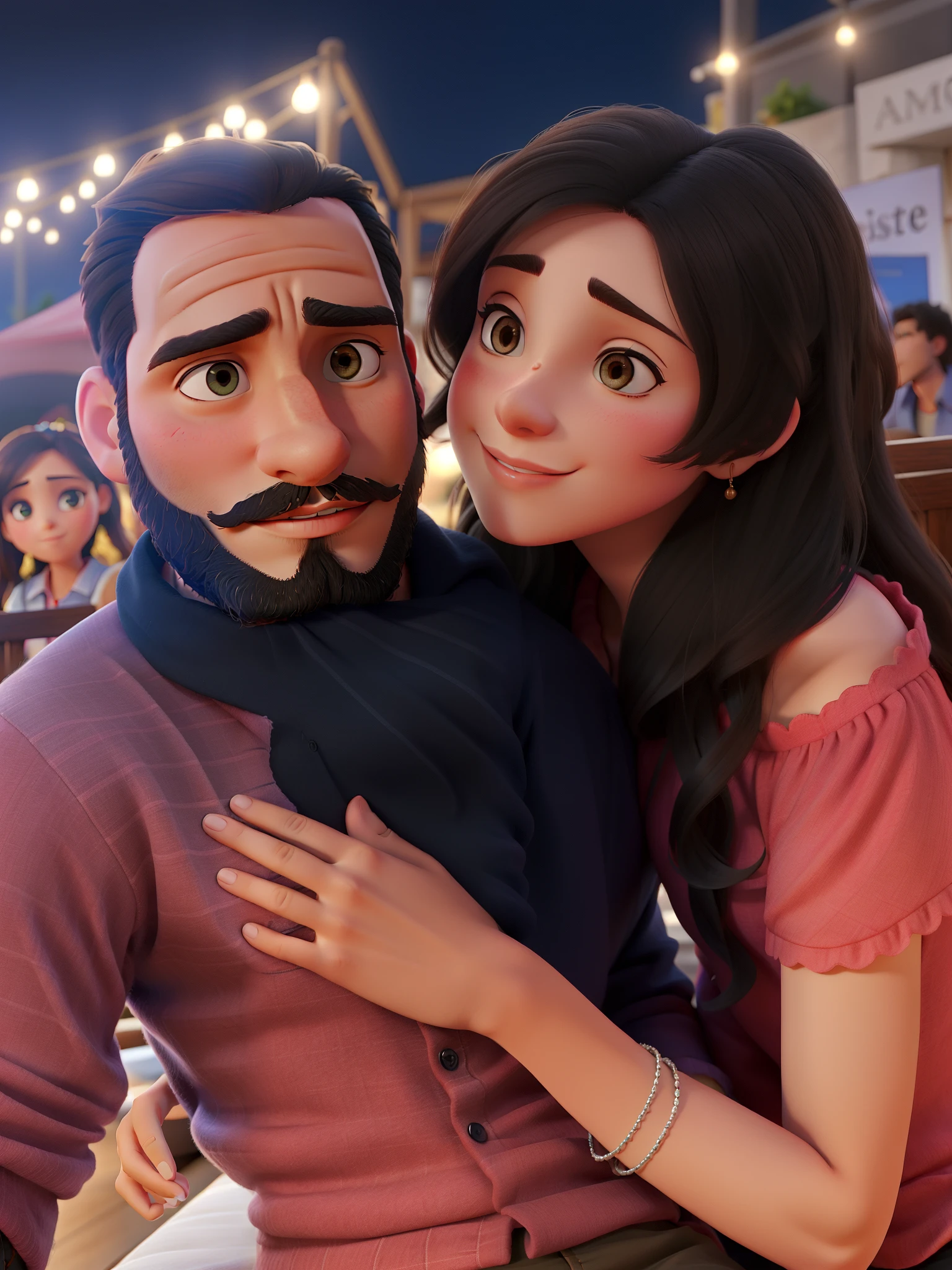 A couple on a romantic hiate,the woman put her hand on the chest of the bearded man.