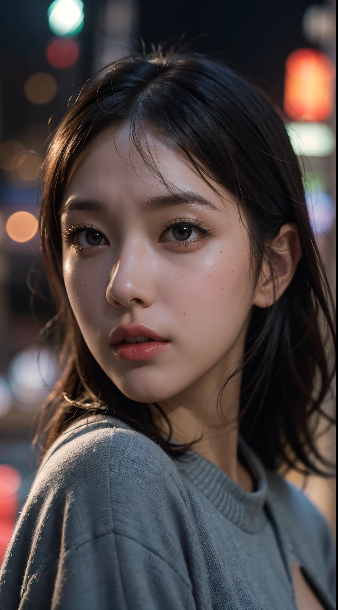 1girl, Tokyo street,night, cityscape,city lights, upper body,close-up, 8k, RAW photo, best quality, masterpiece,realistic, photo-realistic,