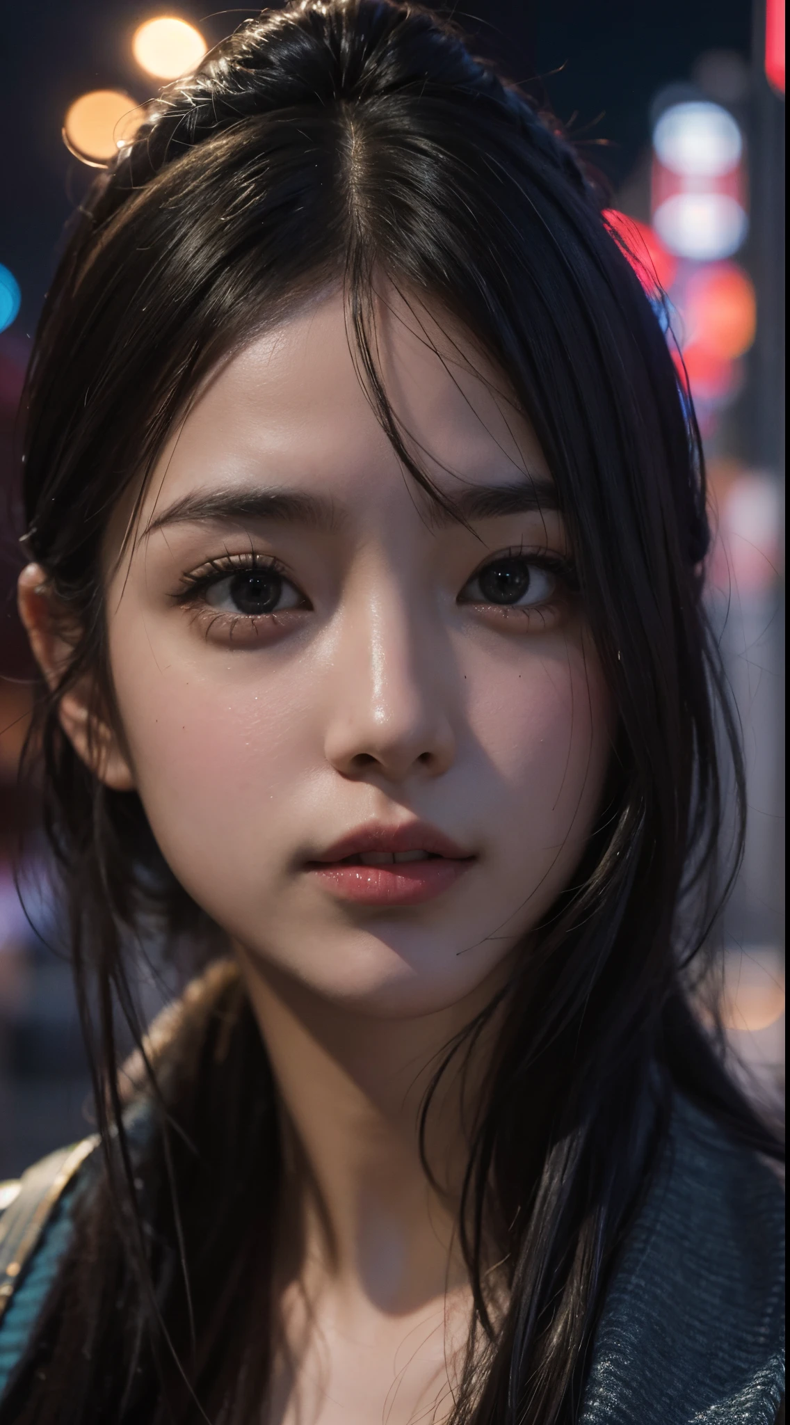 1girl, Tokyo street,night, cityscape,city lights, upper body,close-up, 8k, RAW photo, best quality, masterpiece,realistic, photo-realistic,