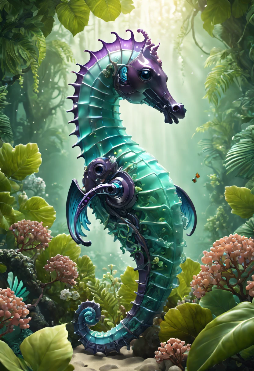 Futuristic ethereal seahorse,Sci-fi butterflies,future seahorse,sea horse,Futuristic jungle background,tmasterpiece,(Very detailed CG unified 8k wallpaper),(Best quality at best),(Best Best Illustration),(The best shadow),The background is a forest theme,With natural elements,flowers blooming,warm color palette,surrounded by exquisite leaves and branches,rays of sunshine,(nature elements),(Jungle theme),(leafs),grape trees,manatee,(exquisite leaves),(particle effect),isometric 3D,Rendered by Octane, Ray traching,ultra - detailed