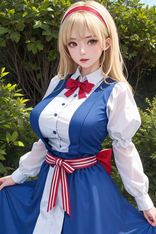 (8K), Sharp Focus, hight resolution, 1girl in, Alice, Upper body, Alice Def, Blonde hair, (sash, Bow, Hair Band), huge-breasted, Dress, (High quality:1.2), (high detailing:1.2), (masutepiece:1.2), (Extremely detailed:1.2),