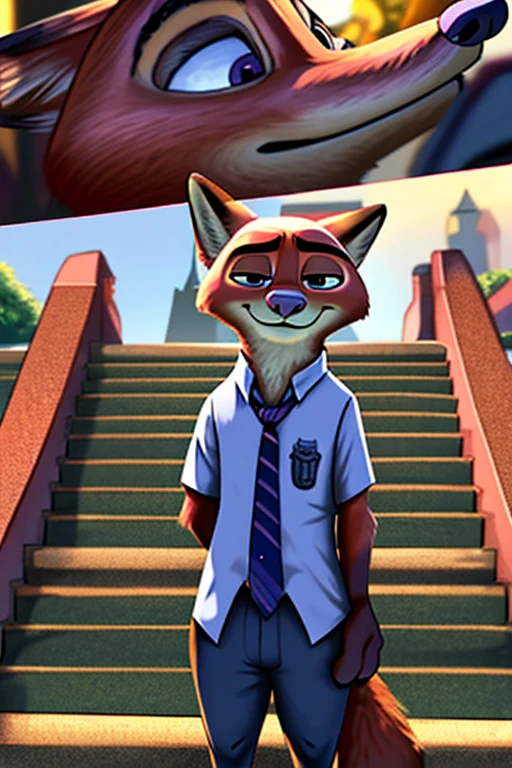 Cartoon fox wearing tie and shirt, 《Zootopia》Nick Wilde, Nick Wilde, Zootopia style, zootopia movie style, Disney Zootopia style, Zootopia Stairs, full body close-up shot, zootopia style, Disney style furry, zoo style, Disney Pixar Zootopia, in zootopia city, zootopia concept art