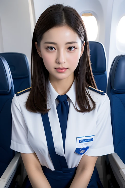 Top Quality, Masterpiece, 8K, Ultra High Definition, (Photorealistic: 1.4), 1 Girl, Beautiful Face, Symmetrical Eyes, Big, Perfect Body Proportions, Stewardess Uniform, Viewer's Look, (Inside the Airplane: 1.2), Front View, Shoulder Jump, Absolute Area (1.3),