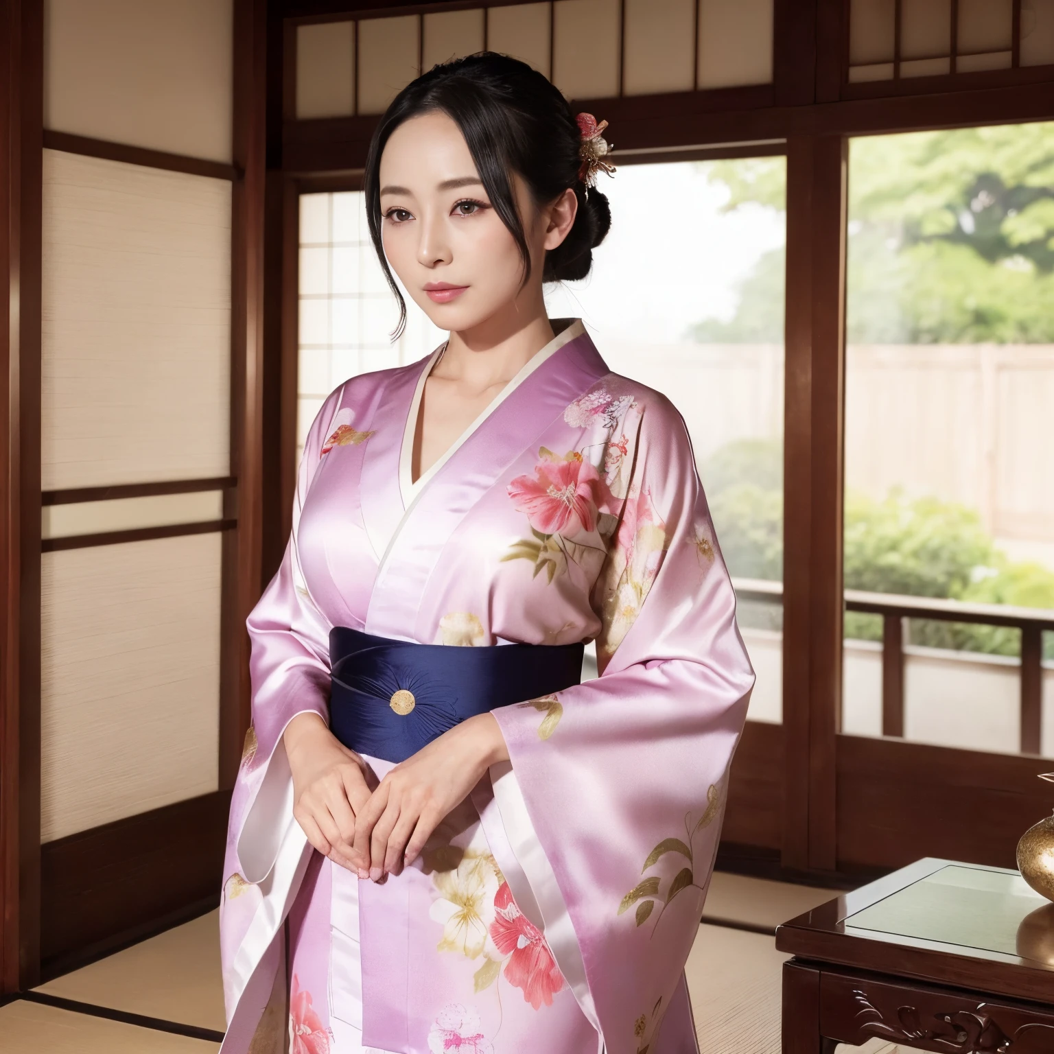 ((Best Quality, masutepiece, 超A high resolution、The most complex and detailed depictions、发光、Highly saturated、bright and highly saturated、vivid))、1人の女性、wearing a luxurious kimono、(((mournful、trance、Expressions of sexual pleasure、sad Facial expression、saddened、Looks like you're about to cry)))、(Japanese-style elegant kimono、Elegant standing figure、standing elegantly)、Elegant kimono、Photographing from the waist up、(((Staring at me、Perfect camera gaze、look at me perfectly)))、A detailed face、perfect glossy lips、perfect anatomia、Elegantly styled hair、She is wearing an elegant hairpin.、natural make up、A detailed face、face perfect、Beautiful fair skin、perfect shiny skin and hair、The background is an elegant Japanese room、Lush hairline、large full breasts、Fluffy kimono、The chest is open、No bra、Exposed thighs、Bold thighs