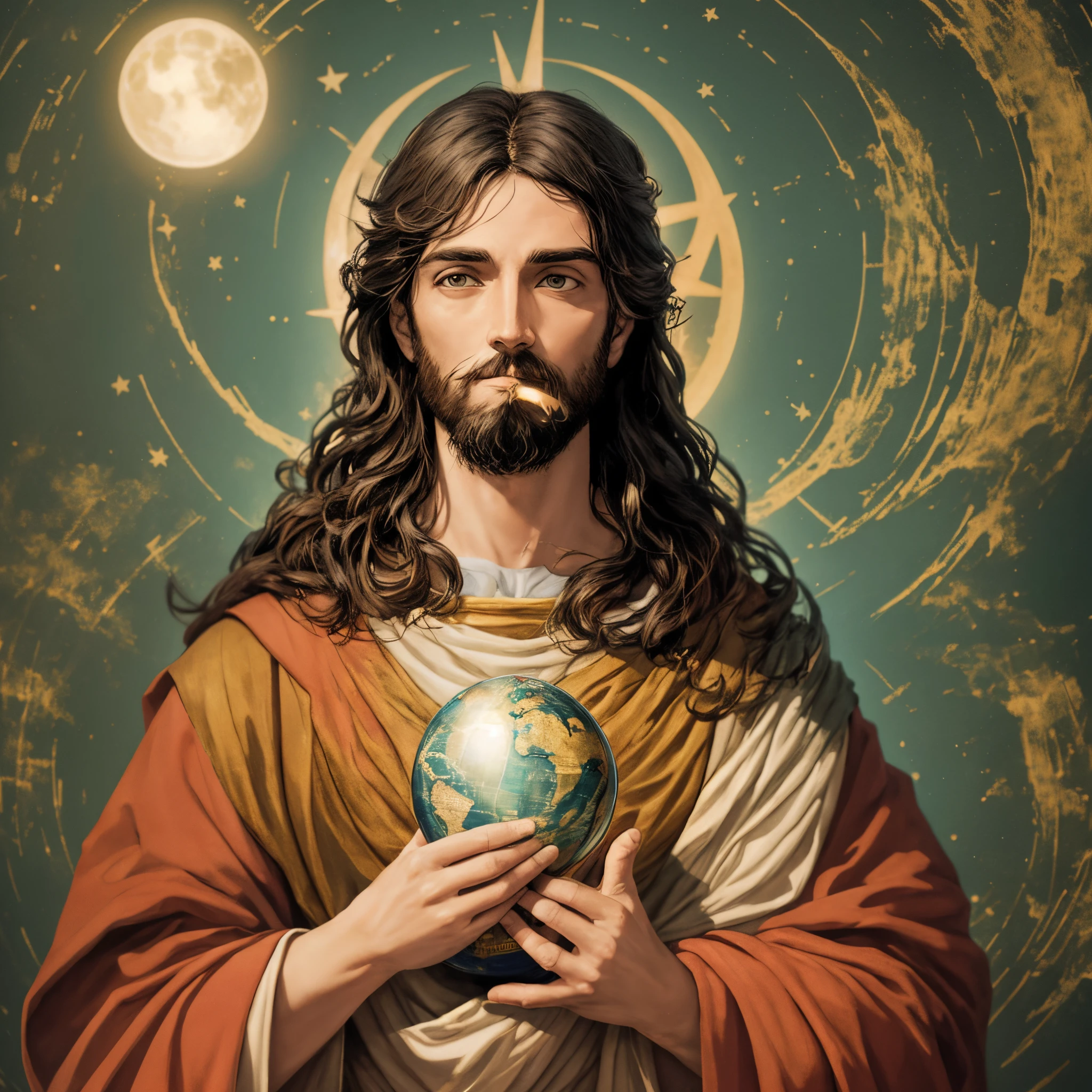 Jesus segurando um globo com lua cheia ao fundo, creation of the world, Jesus Cristo, Cyberpunk Jesus Cristo, Retrato de Jesus Cristo, Jovem Deus Todo-Poderoso, Jesus Cristo em Mass Effect, governante do mundo, Jesus, imagens sagradas, O Criador da Terra, holding holy symbol, catholic religious art, holding a holy symbol, jesus of nazareth
