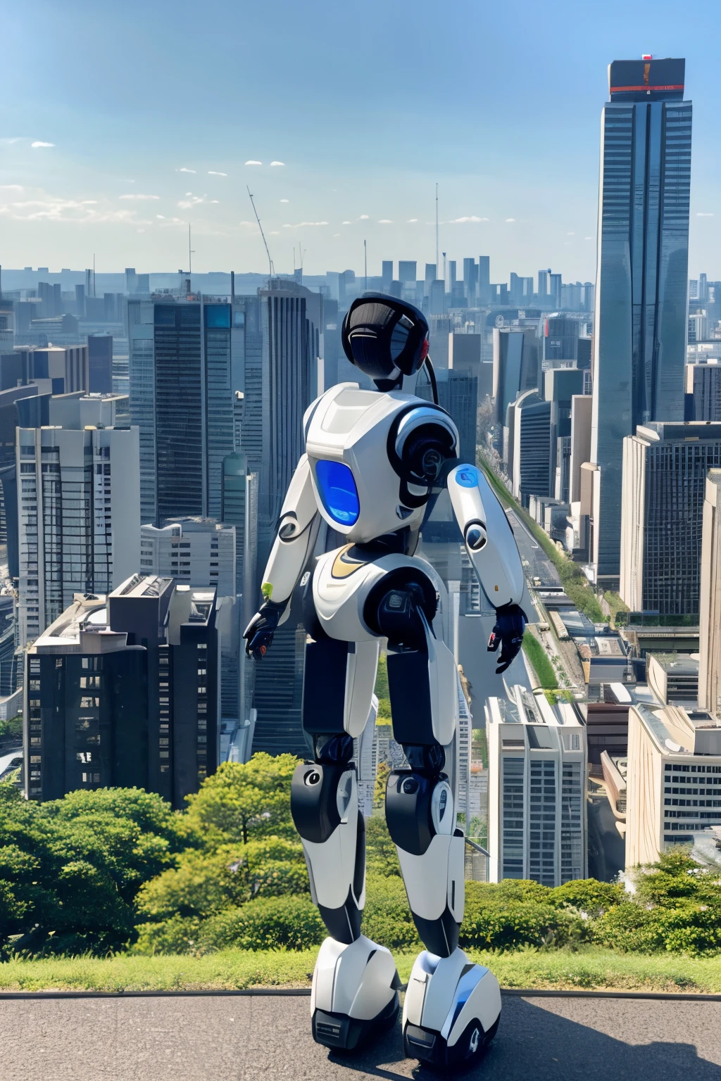 Image of a humanoid robot equipped with AI looking at the scenery of Tokyo