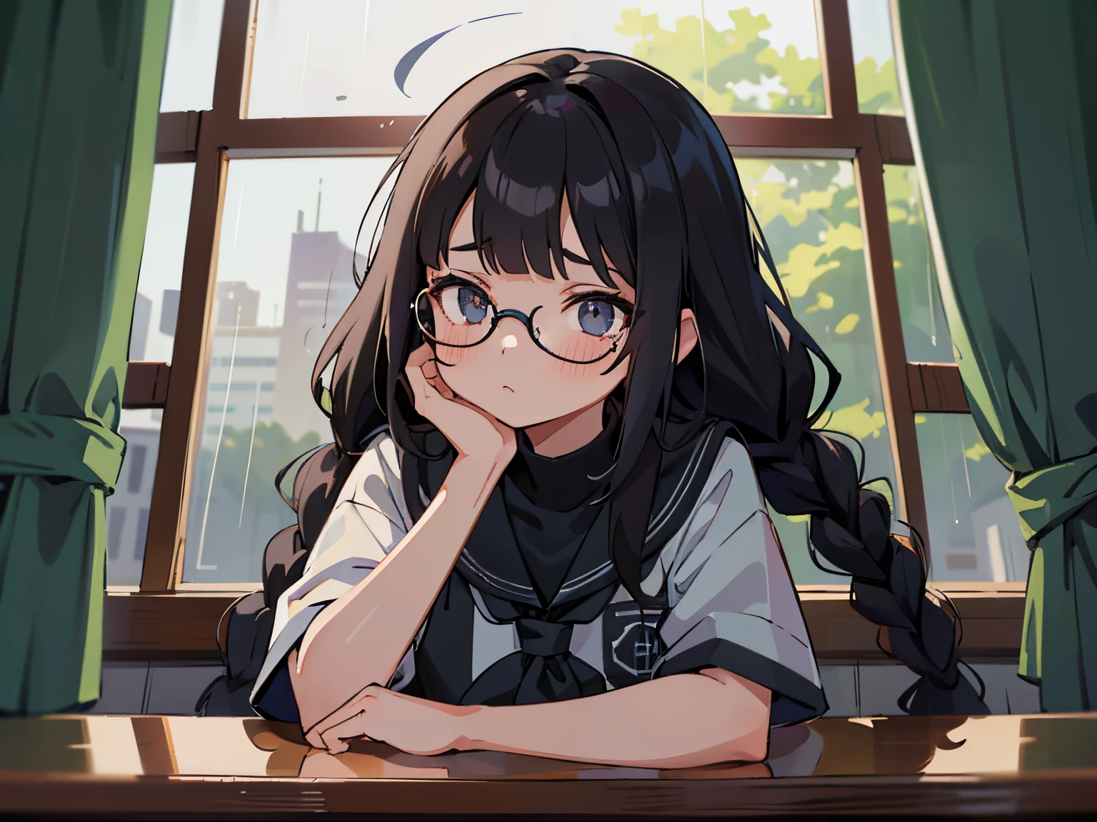 masterpiece, best quality, illustration, 1girl, solo, looking at viewer, upper body, , anime coloring, realistic, <lora:sumireko_sanshokuin:0.76>, sumireko_sanshokuin, black hair, blue eyes, long hair, jeans, , Shambhala: A hidden paradise where enlightened beings live in perfect harmony,