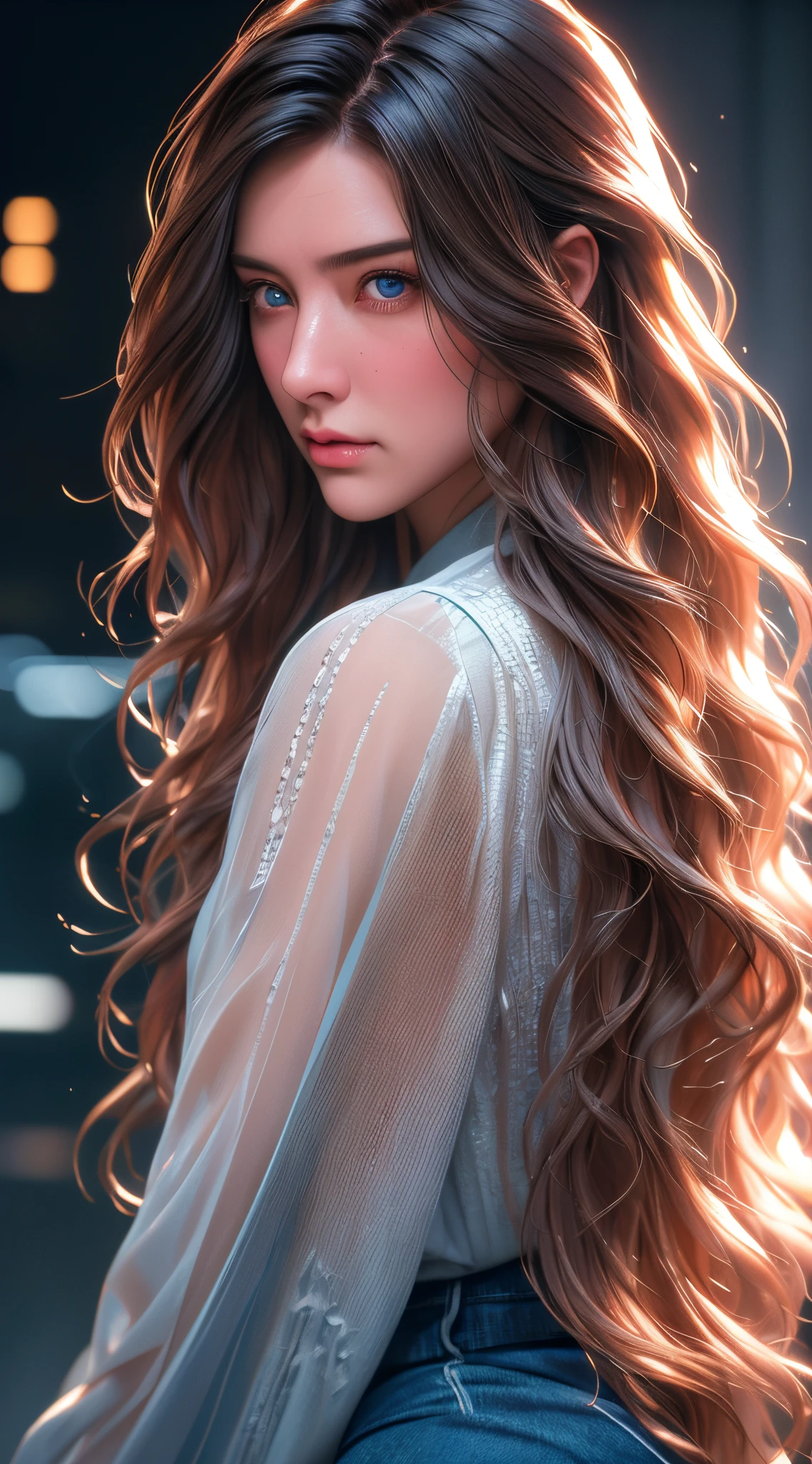 Full face portrait photo of a 25-year-old Russian girl, RAW, beautiful woman, semi-open strawberry lips, dimples, wistful look, (extra long wavy brown hair), ((detailed face)), ((detailed facial features)), (finely detailed skin), pale skin, (deep neckline detailed high-tech cyberpunk dress), cyberpunk megacity environment, (cool colors), damp, damp, reflections, (masterpiece) (perfect proportion)(realistic photo)(best quality)  (detailed) shot on a Canon EOS R5, 50mm lens, F/2.8, HDR, (8k) (wallpaper) (cinematic lighting) (dramatic lighting) (sharp focus) (intricate), RAW photo, RAW photo, gigachad photo, posing for camera, black jeans, back arms, 8k uhd, dslr, high quality, grain film, Fujifilm XT3, film stock photography 4 kodak portra 400 camera f1.6 lens rich colors hyper realistic texture dramatic lighting unrealengine trend in artstation cinestill  800 tungsten, toughboy style, ultra focus face, intimidating, in fighting position, short messy hair, muscular, bursting veins, beaded, extremely detailed, photorealistic, realistic, incredibly absurd, highly detailed, sharp focus, (Professional Studio Lighting), (Professional Color Grading), Edge Lighting, Dramatic lighting, Cinematic lighting, Lumen reflections, Soft natural lighting, Soft color, Photon mapping, Radiosity, (Beautiful eyes), (Eyes  detailed), (Detailed face), symmetrical eyes, sharp eyes, cold face, full body,