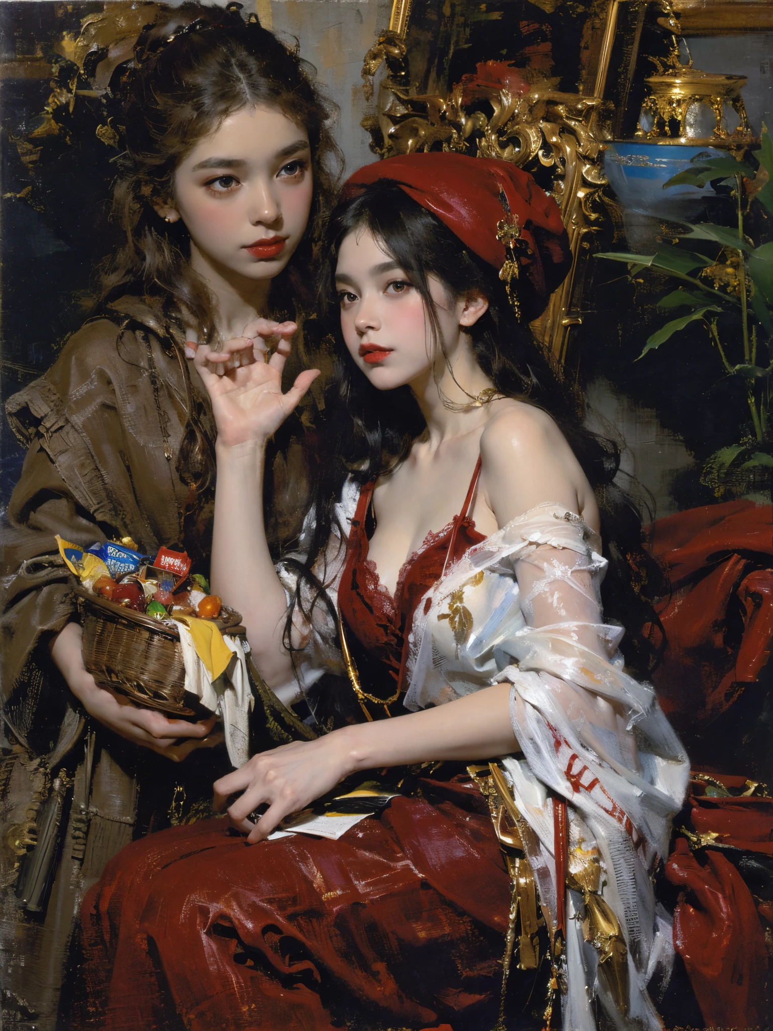 Describes the scene where the girl in red meets the wolf，Quiet and harmonious atmosphere，Dramatic composition，warm color palette，Correct anatomy，Detailed faces, 詳細な目，（Girls wear：red shawl，Red Hat，laced dress，Red Hat, cloaks, Large bra, a skirt, Red dress，Carrying a basket of fruit），Background with：luring，natural  lightting, Candy   House，a fairy world，Close-up cleavage，((Sexual suggestiveness)),Attractions,(post impressionist),plethora of colors,(Fechin Oil Painting - Fechin Oil Painting , oil painted), 04