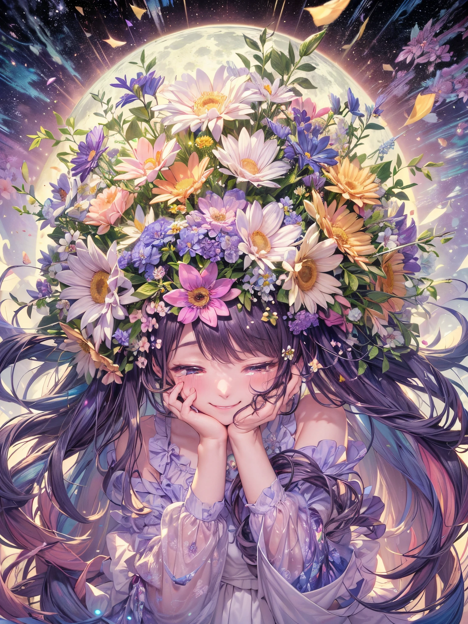 top-quality、masutepiece、1womanl、独奏、(abstract art:1.4),(Psychedelia Theme:1.6),(kosmos:1.4)、beautiful woman at the center of the universe、(Smiling with tears in her eyes:1.5),(A woman wrapping her hands around a large bouquet of flowers:1.4),A ray of light spreads,Number of stars spreading from the center,Spreading star fragments,prisma(Nostalgic atmosphere),(There are many flowers falling around me:1.3)、Dark scenery、Moon reflection、Reflects a lot of light and shines brightly、