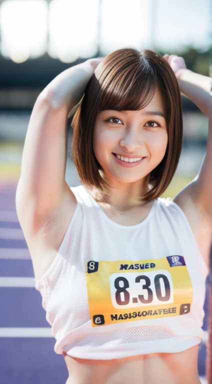 (masutepiece:1.3), (8K, Photorealistic, Raw photography, Best Quality: 1.4), japanse, Beautiful face, (Lifelike face), (Short-cut hair:1.3), Realistic eyes, Beautiful eyes, (realskin), Beautiful skin, Ultra high definition, Hyper-realistic, hight resolution, beautiful japanese female, (Athletics stadium at night, Land Track:1.5), track and field, (Show the armpits:1.4), (Hands behind the head:1.2), Smile