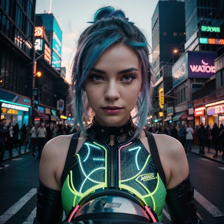 A girl with neon blue hair in an electrifying city, wearing futuristic clothes and holding a glowing skateboard. The city is filled with vibrant colors, flashing neon lights, and towering skyscrapers. There are flying cars and holographic billboards showcasing the latest technology. The girl's eyes are cybernetically enhanced, emitting a soft glow, and her lips are painted with bold metallic colors. The scene is illuminated with a mix of neon and strobe lights, creating an energetic and dynamic atmosphere. The artwork is a digital illustration with a sci-fi and cyberpunk aesthetic, created using HDR rendering to capture the high contrast and vivid colors of the cityscape. The image is of the best quality, with ultra-detailed elements, sharp focus, and a photorealistic style. The color palette is dominated by electric blues, purples, pinks, and vibrant shades of green. The lighting in the scene is carefully crafted to highlight the futuristic architecture and the girl's vibrant hair, casting dramatic shadows and emphasizing the dynamic nature of the environment.