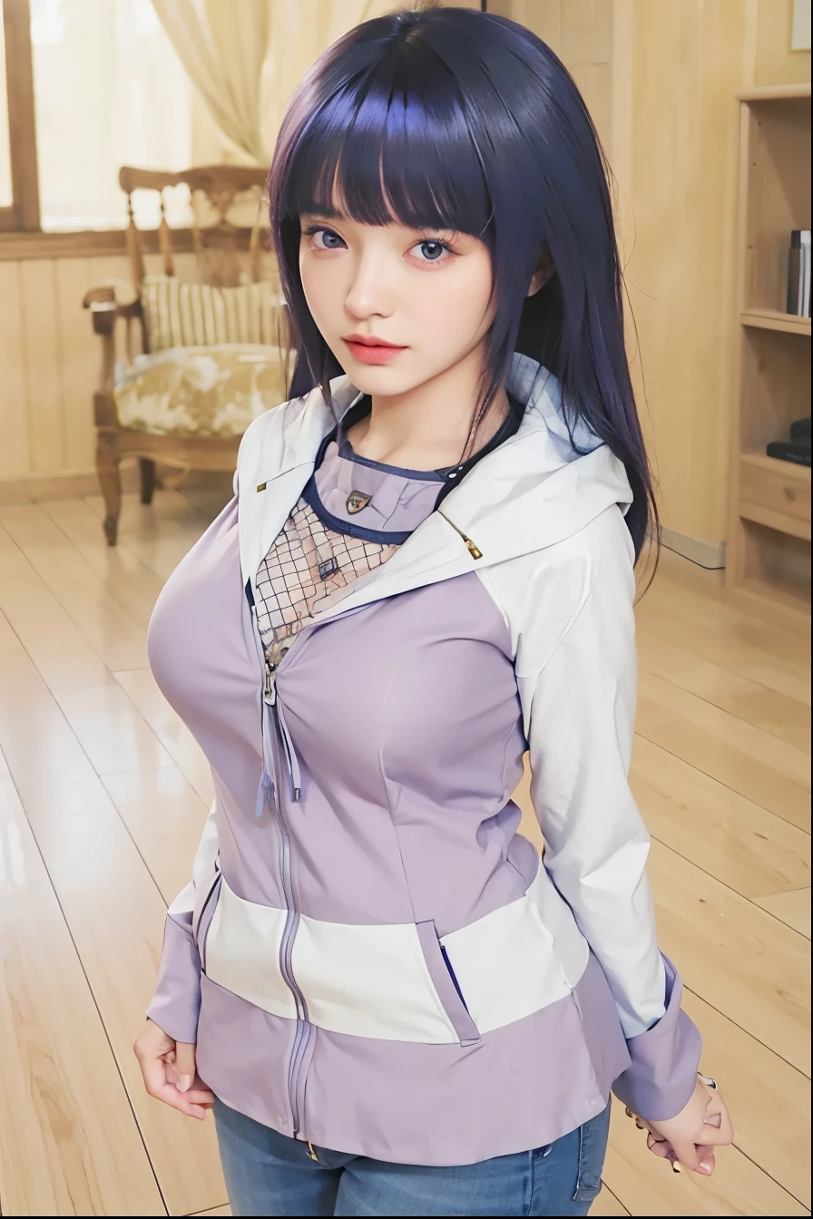 a close up of a person with long hair and a hoodie, hinata hyuga, hinata hyuga from naruto, from naruto, as an anime character, perfect anime face, she has dark blue hair with bangs, female anime character, anime character, anime best girl, hime cut hairstyle, dark blue hair, (red glossy lips:1.3), light purple eyes, big breasts, realistic, ultra detail