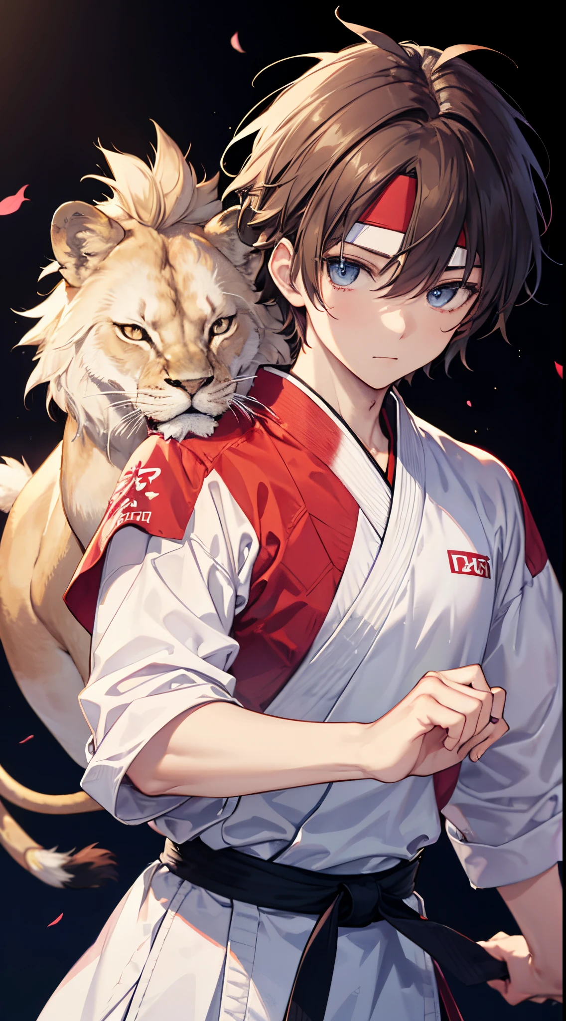 Masterpiece, best quality, expressive eyes, perfect face, tall anime guy wearing karate clothes, lion spirit behind him, headband, brown hair