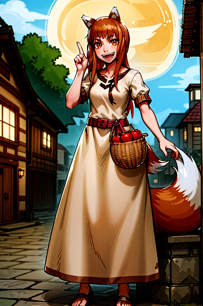 (holo:1.5), (holoBrownDress:1.5), masterpiece, best quality, absurdres, 1girl, looking at viewer, standing, cowboy shot, outdoors, medieval, cobblestone street, town, pouch, sash, smile, fruit, apple, basket,mediumbreast, curvy, silver hair, white hair, full body, flipflops,fangs, teeths,